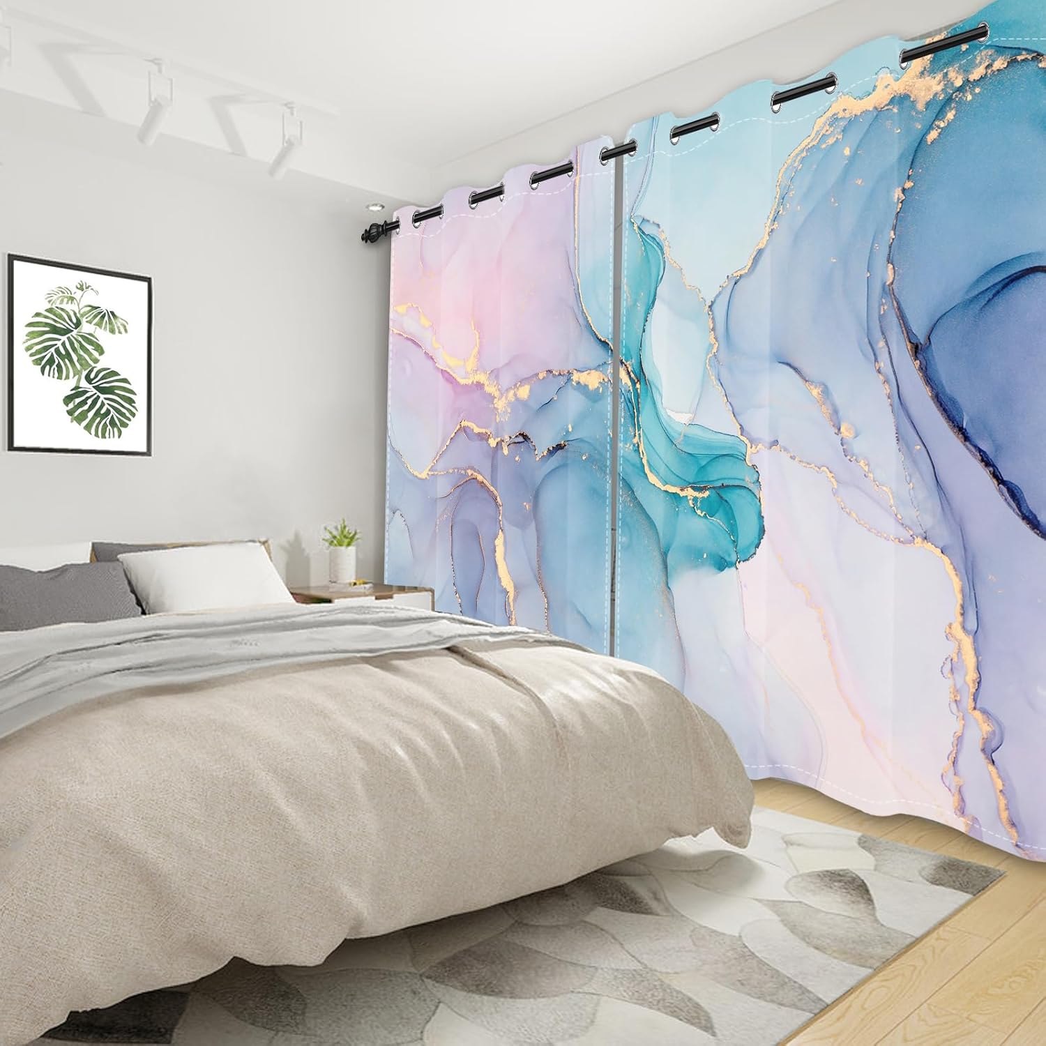 Abstract Marble Blackout Window Curtains, Watercolor Pink Turquoise Curtains for Bedroom Living Room Decor Abstract Art Purple Gold Marble Texture Window Curtain Drapes,21x45 inch,2 Panels