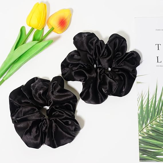 4 Pcs Black Large Satin Scrunchies for Women Thick Hair, Oversized Scrunchy Extra Big Ponytail Holders Hair Accessories
