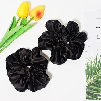 4 Pcs Black Large Satin Scrunchies for Women Thick Hair, Oversized Scrunchy Extra Big Ponytail Holders Hair Accessories