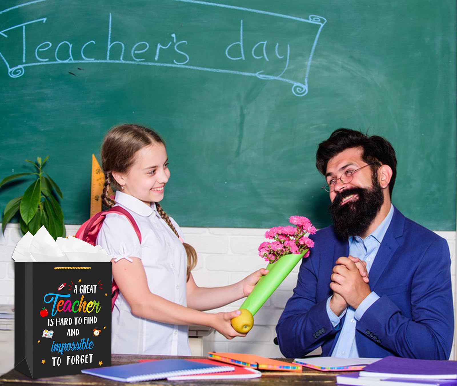 D24TIME Teacher Appreciation Gift Bags with Tissue Paper Black Teacher Gift Bag with Handle End of Year Teacher Retirement Gift Teachers Appreciation Day Graduation Teacher Gift Wrap Bags from Student