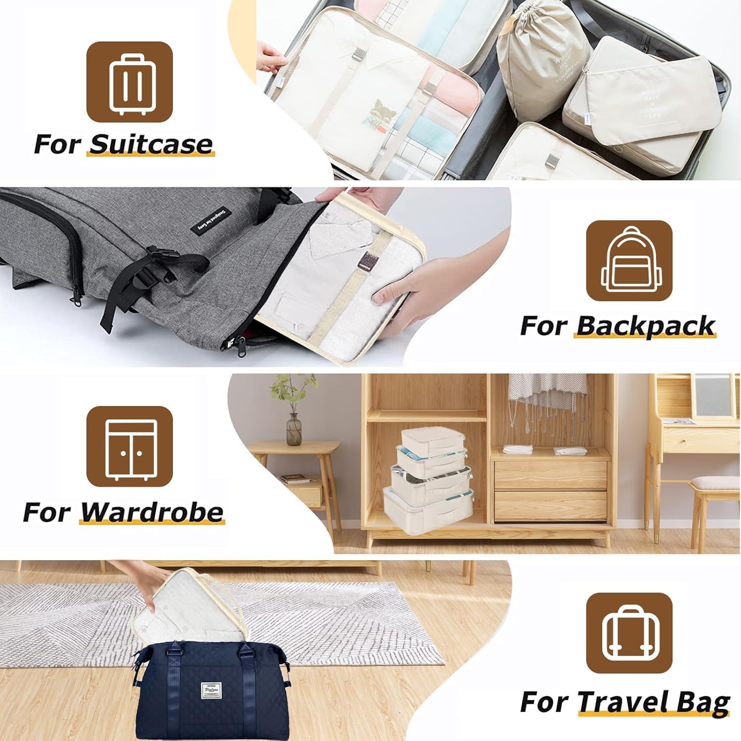 LANSKLBD 4/6/8/10 Set Packing Cubes for Suitcases Travel Luggage Packing Organizers,Travel Accessories Essentials Luggage Organizer with Shoe/Tioletry/Laundry Bag (Beige, 10 set) view 4