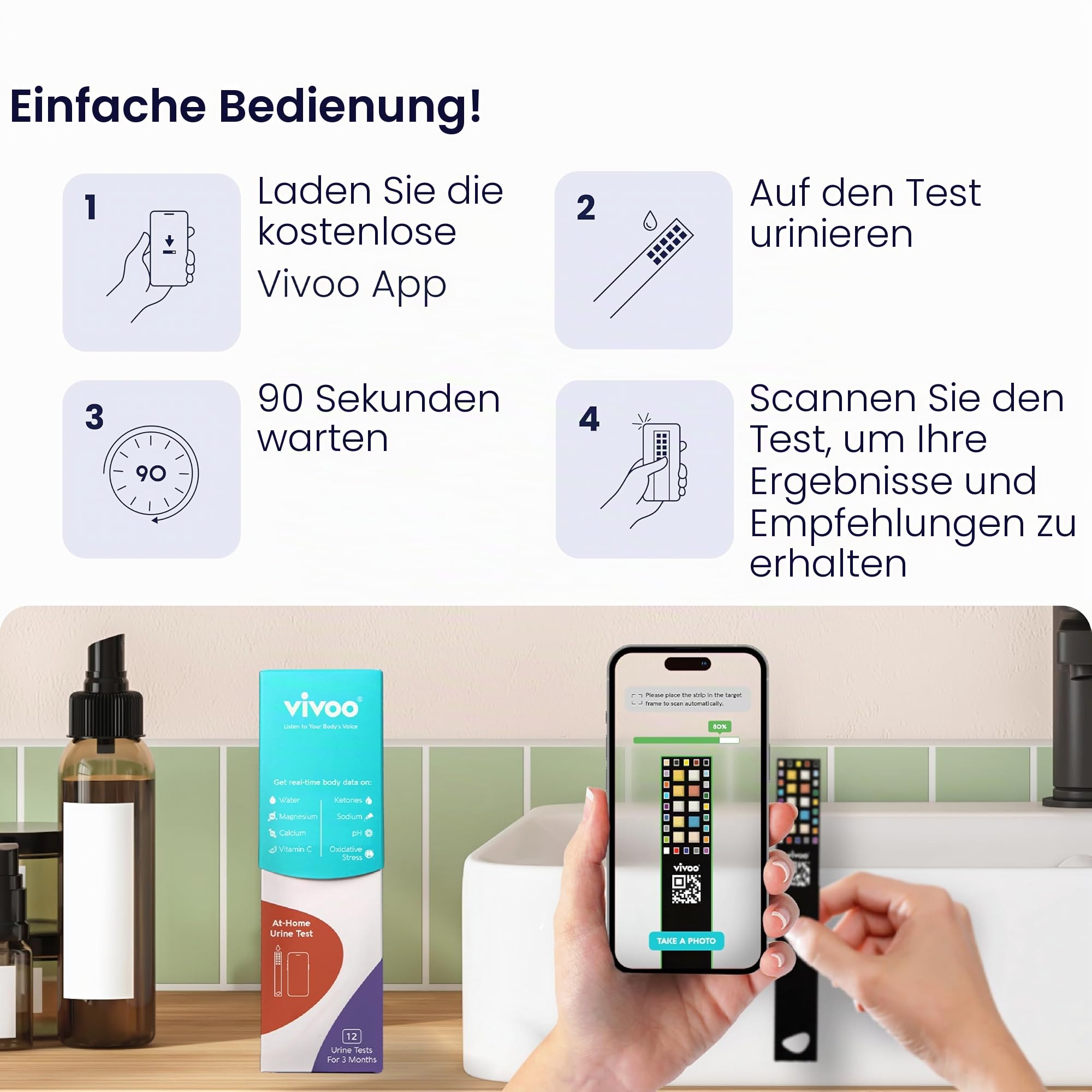Vivoo 2.0 | Fortschrittliche Urinteststreifen mit 9 Parametern und App | Personalisiertes Heimmessgerät für Ketone, pH, Natrium, Hydratation, Magnesium, Kalzium und mehr | 6 Monate / 24 Tests