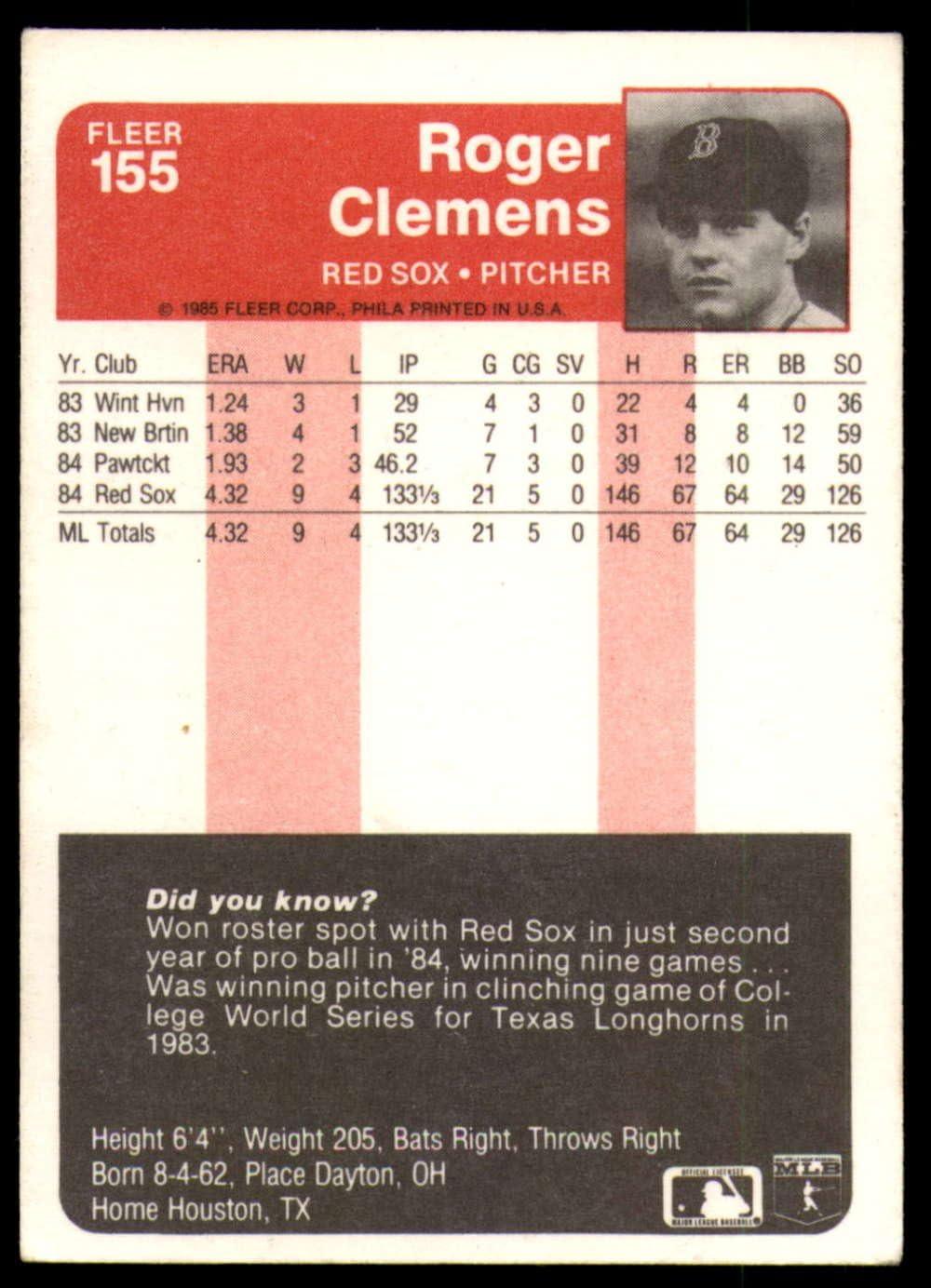 1985 Fleer #155 Roger Clemens RC Rookie Card Boston Red Sox Official MLB Baseball Card in Raw (NM or Better) Condition