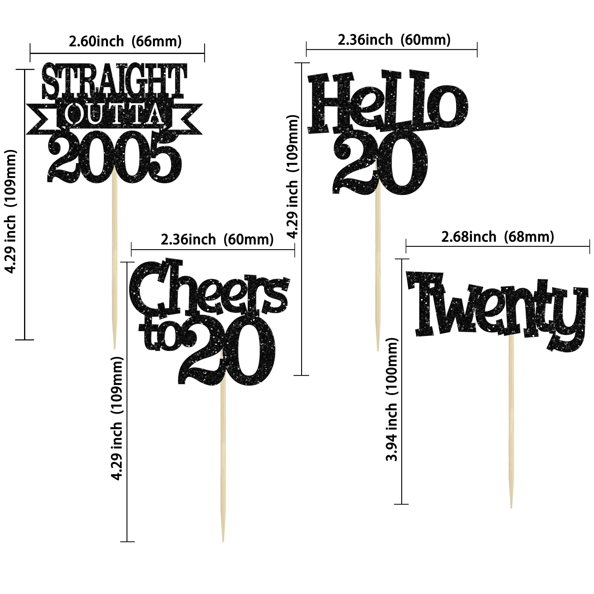 Ephlyn 24Pcs Happy 20th Birthday Cupcake Toppers Glitter Straight Outta 2005 Cupcake Picks Hello 20 Cheers to 20 Years Cake Decorations for 20th Birthday Anniversary Party Decorations Supplies Black