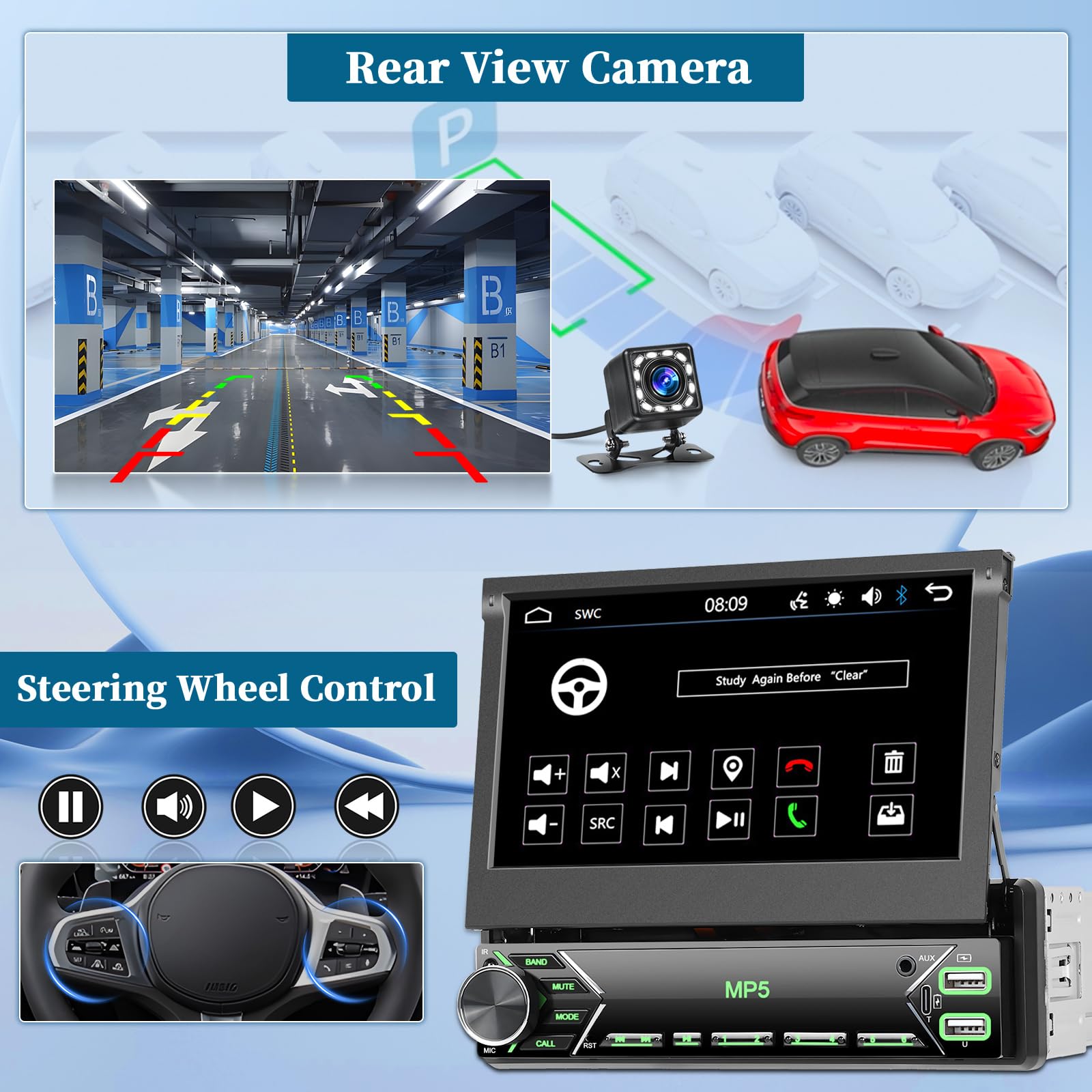 Roinvou Autoradio 1 Din avec Mirror Link, Écran Tactile Rétractable 7 Pouces MP5 Radio pour Voiture Stéréo avec Récepteur Bluetooth USB Type-C AUX EQ FM SWC Caméra de Recul & Microphon