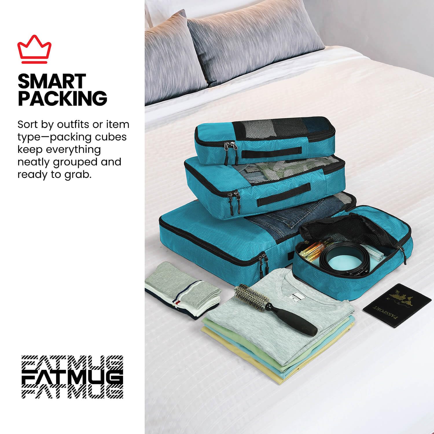 FATMUG Packing Cubes Travel Pouch Bag Organiser Set of 8 (2 x Large-Medium-Small-Slim) - Sky Blue Polyester 3
