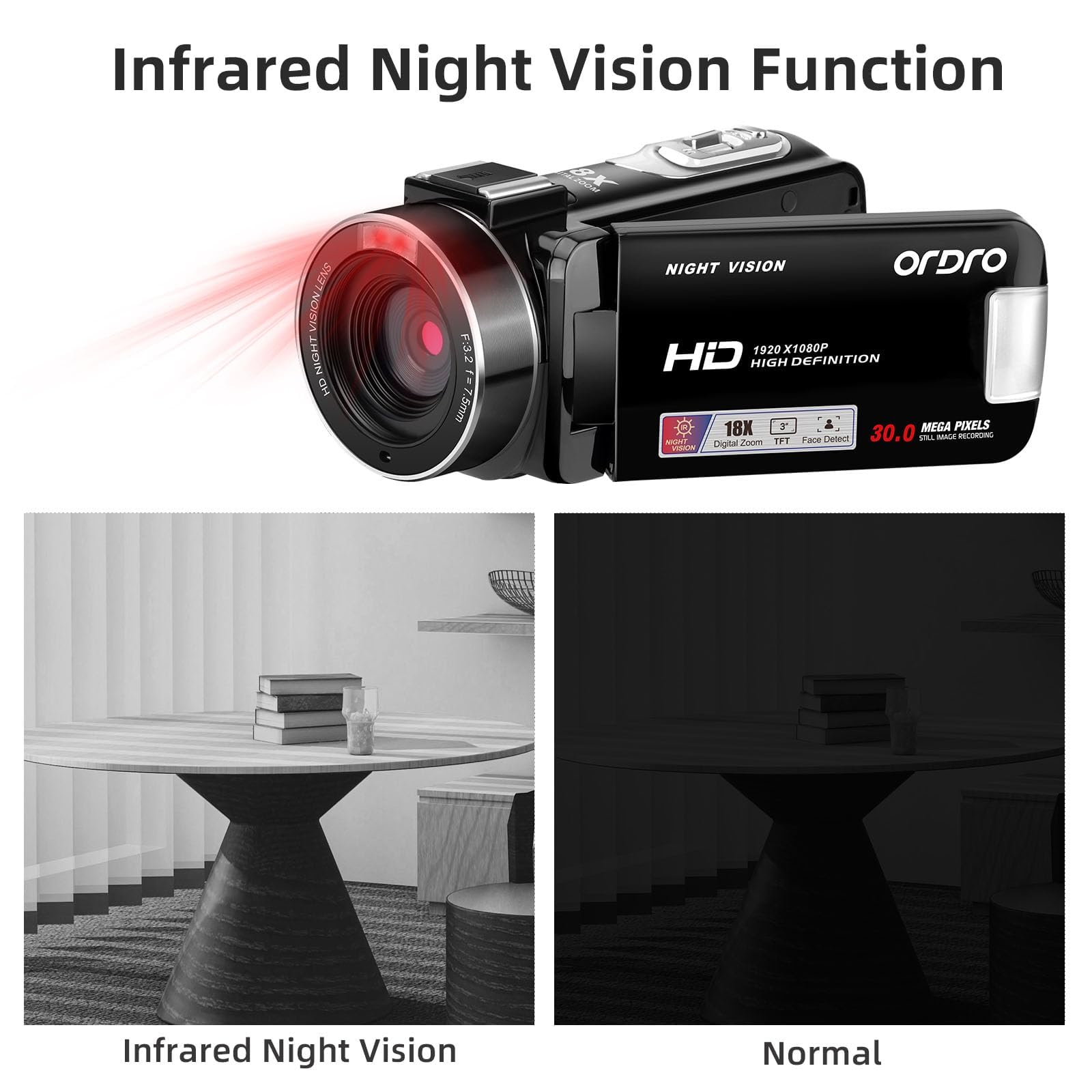 ORDRO B320 - Videocamera 1080P con scheda da 16GB, zoom digitale 18x, visione notturna, schermo touch rotante a 270°, fotocamera Full HD 1080P 30MP, 2 batterie, oro