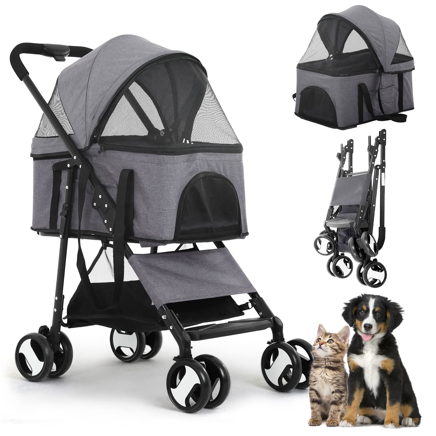 Pet Strollers, Dog Cat Stroller 3-in-1 Detachable Doggy Stroller for Small Medium Dogs 4 Wheel Dog Travel Cart Cat Walker Foldable Wagons for Dogs