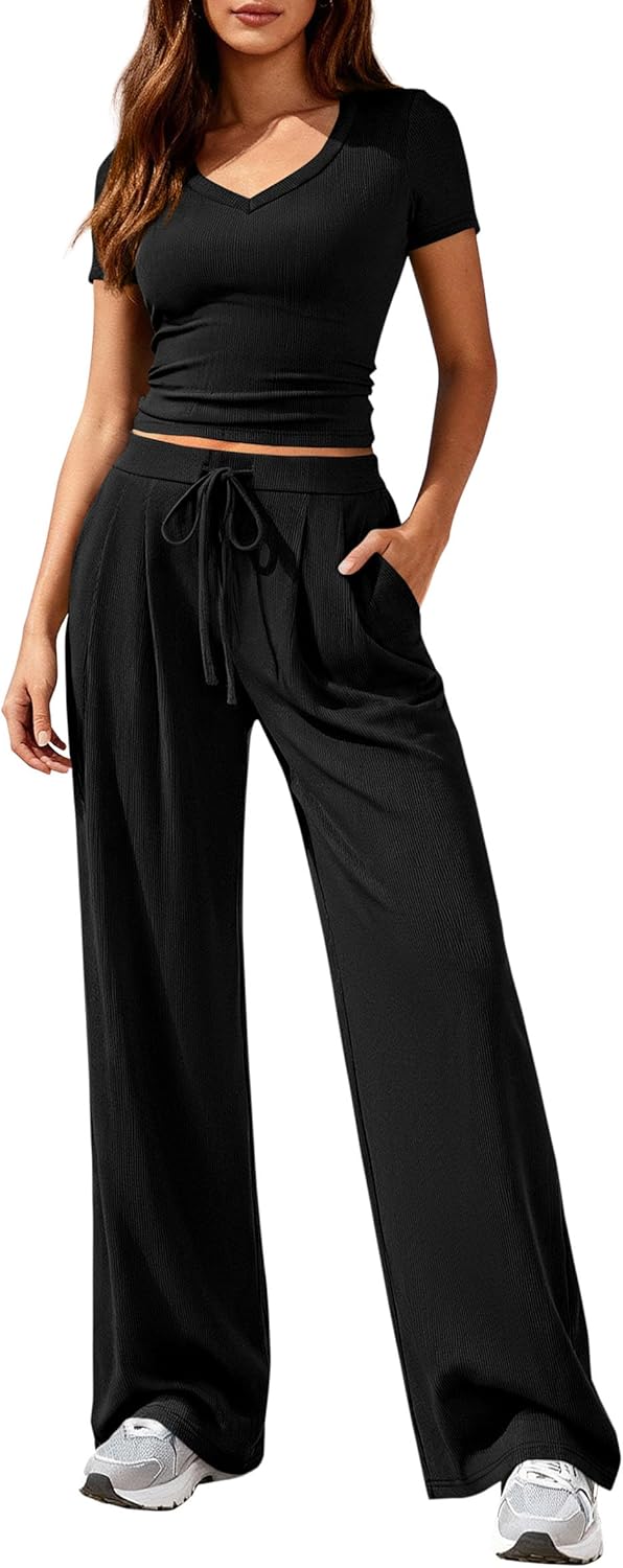 PRETTYGARDEN 2 Piece Sets for Women Summer 2026 Spring Lounge Set Matching V Neck Tops Wide Leg Pants Airport Travel Outfits