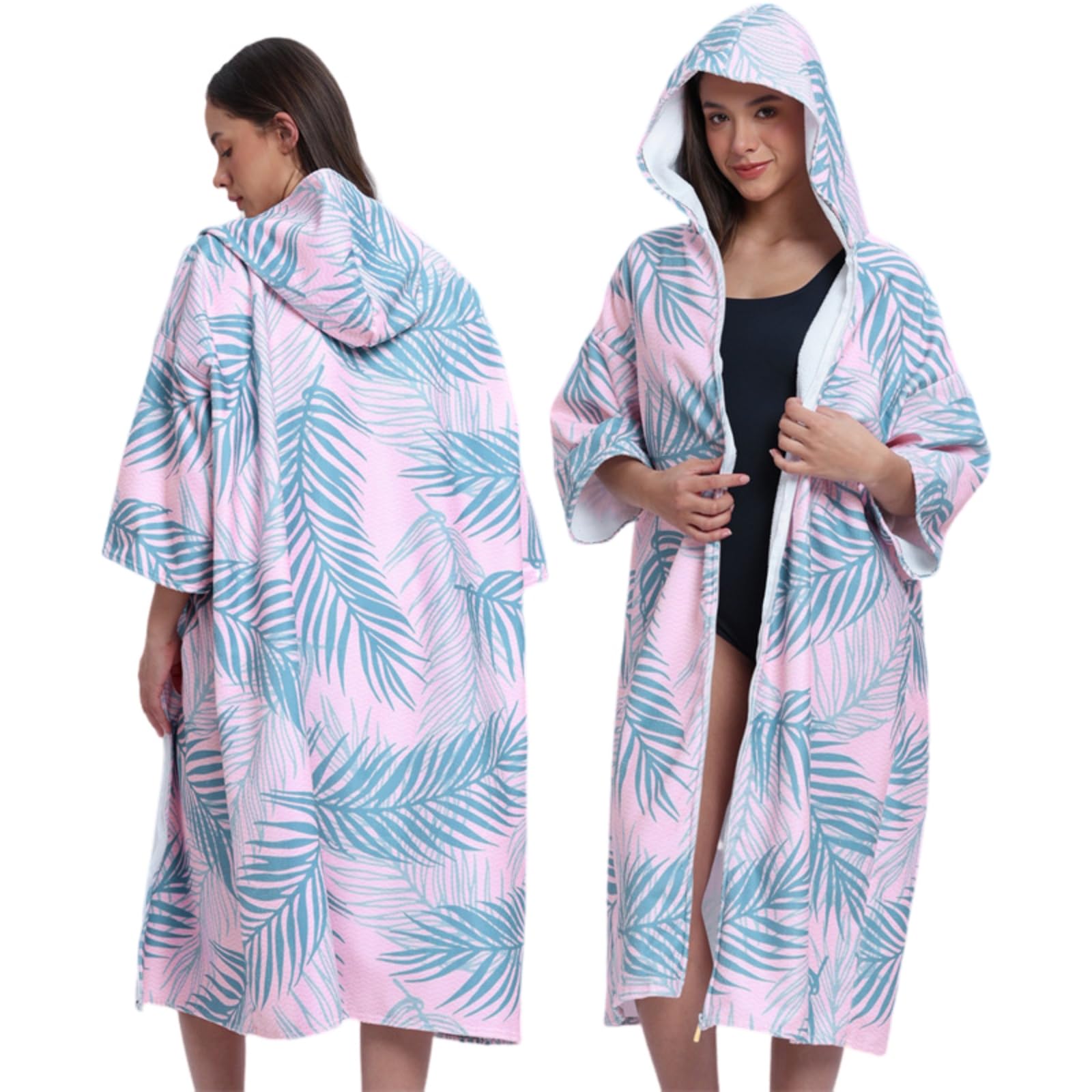 Treer Hooded Towel Poncho Adult, Changing Robe Towel Women Mens Beach Poncho with Hood and Zip Changing Robe Beach Quick Dry Microfibre for Swimming Surfing (Palm leaf,75x110cm)
