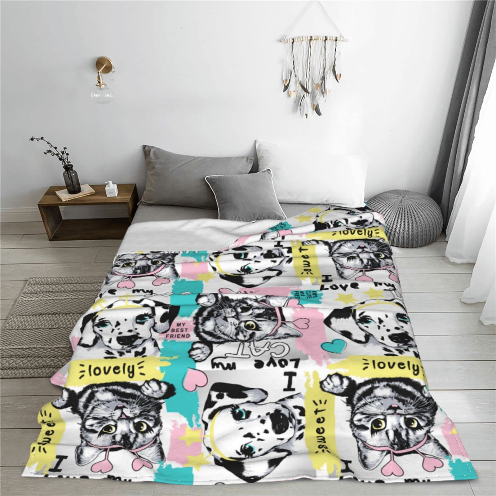 Graziosa coperta in pile con gatti e cani per letto, divano, coperta in pile, leggera, morbida e accogliente, 127 x 101,6 cm