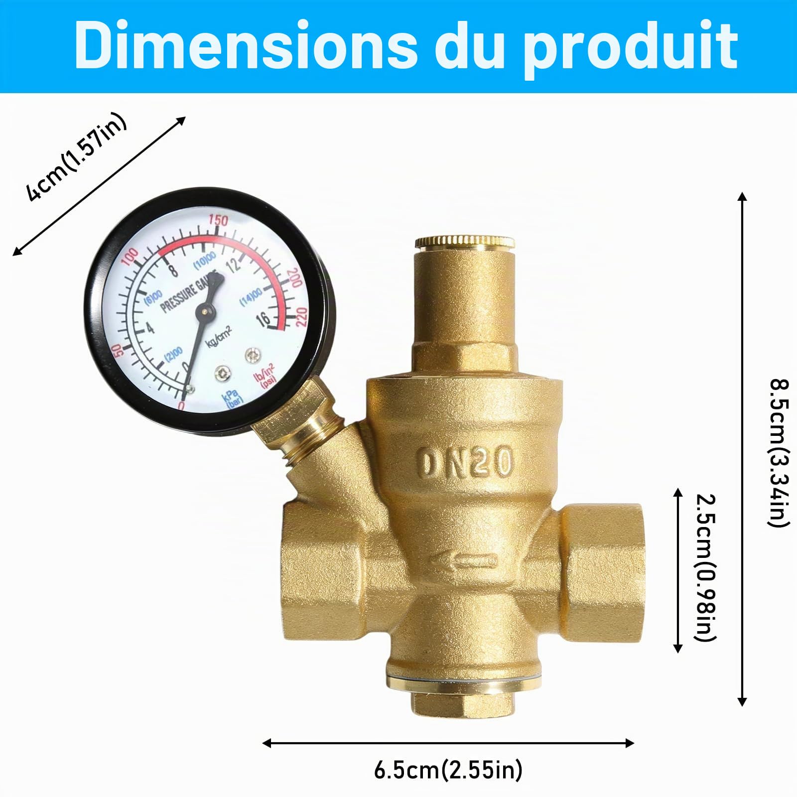 Réducteur de pression d'eau 3/4 pouces DN20 avec manomètre, réducteur de pression d'eau en laiton, régulateur de pression d'eau réglable réducteur de pression 1,6 MPa régulateur