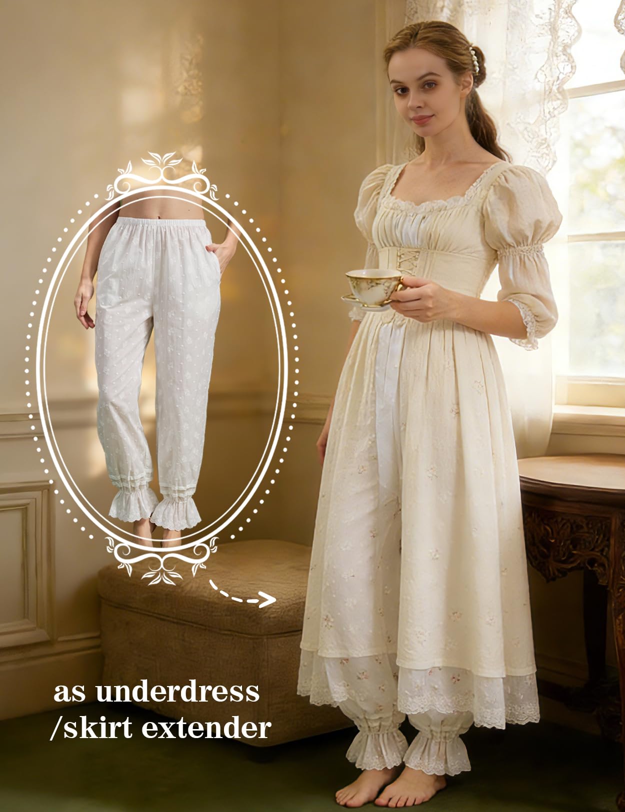 BEAUTELICATE Pantalones de Pijama para Mujer Estilo Vintage Victoriano Pantalones Largos de Algodón con Volantes Cómodos Blanco