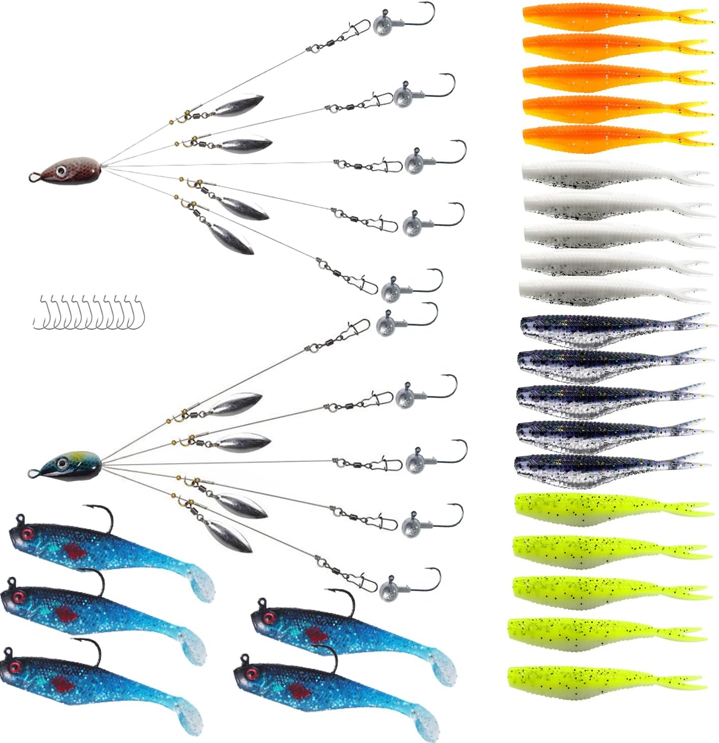 XhuangTech Alabama Rig Baits, 5 Arms Alabama Umbrella Rig with Soft Paddle Tail Swimbaits Bass Lures Jig Head Hook for Pike/Trout/Crappie in Freshwater Or Saltwater …