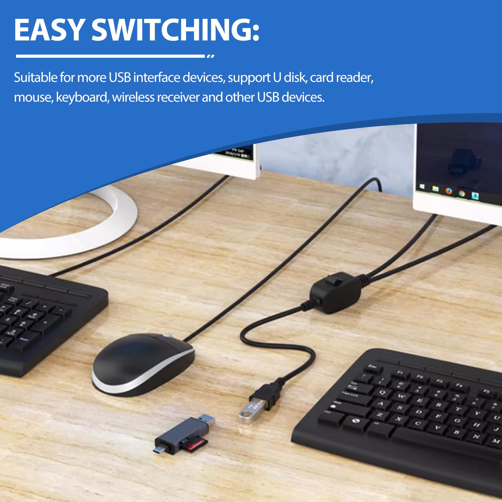 MISYNLON USB 2.0 Sharing Switch, selettore stampante USB B 2 in 1, interruttore USB 2 computer che condividono con Luce LED, per stampante, scanner, tastiera, Include 3 cavi USB 2.0 da 1,5M