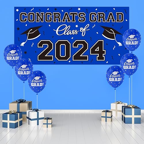 Miniatura 3 de Telón de fondo de plástico para fiesta de graduación 2024, 65 x 32.7 pulgadas, pancarta de felicitaciones graduadas en azul, decoraciones de clase