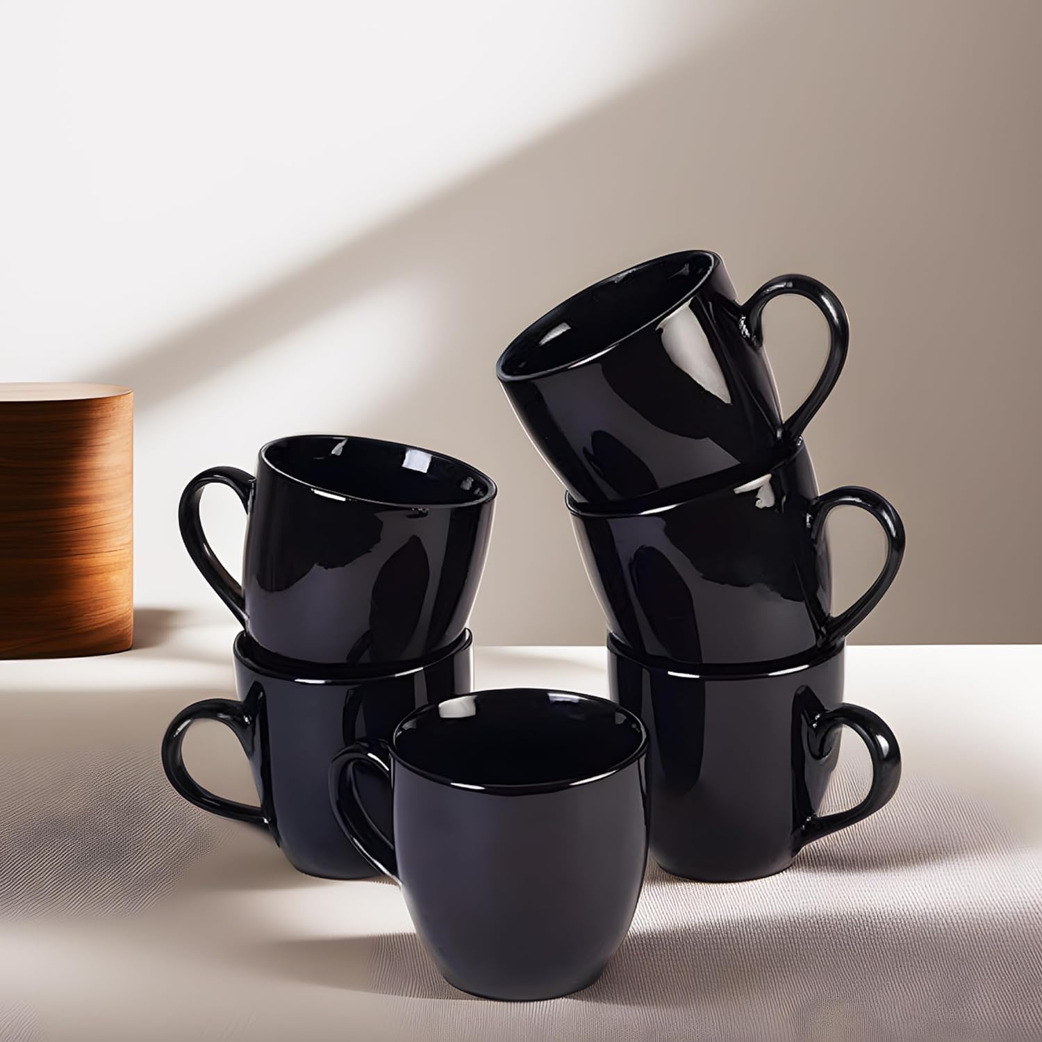 DINNERDINE All Black Glossy Ceramic Tea/Coffee Cup Set 6 Handmade