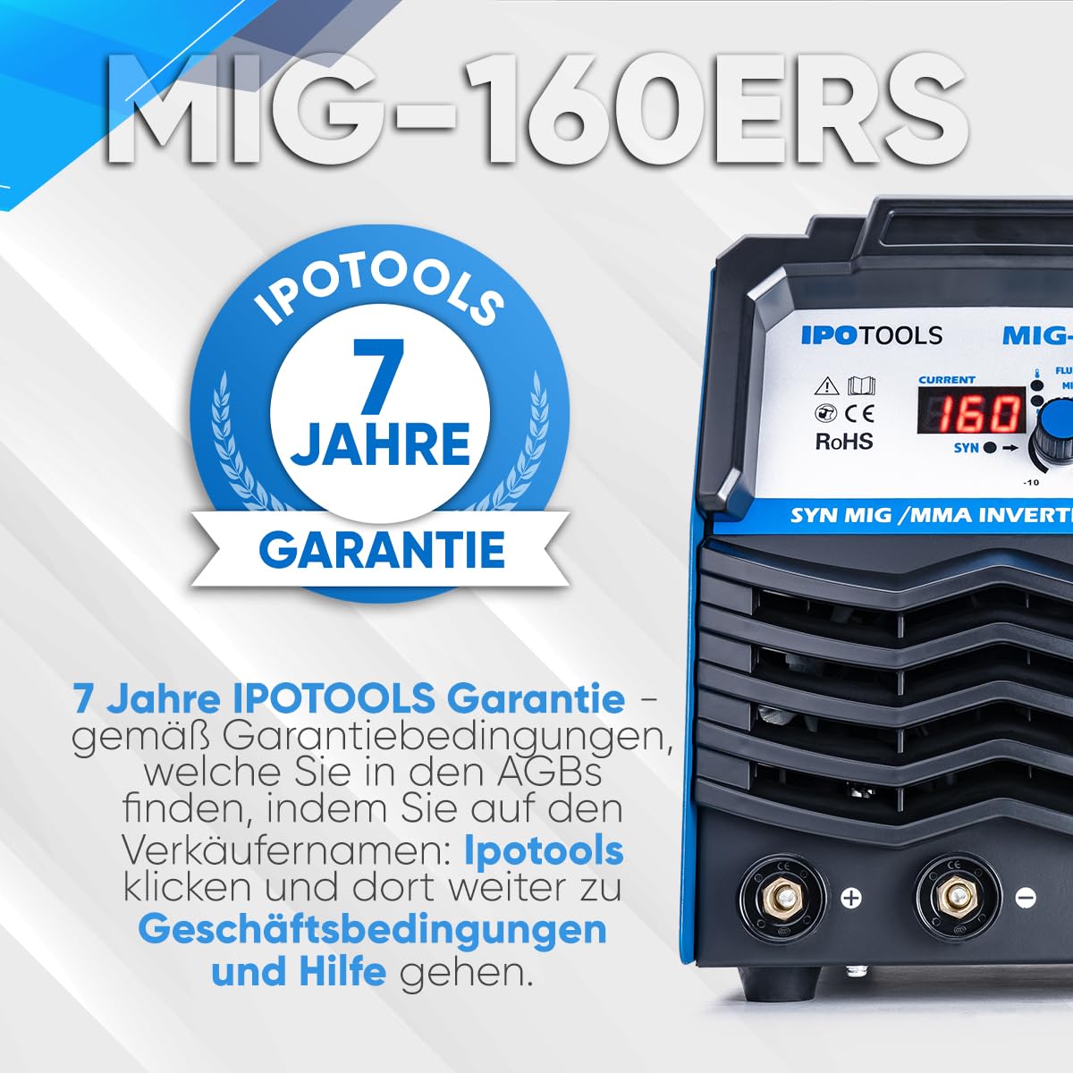 IPOTOOLS MIG-160ERS 5in1 MIG MAG Schweißgerät - Schutzgas Schweissgerät mit 160 Ampere Inverter FLUX/Fülldrahtschweißgerät ohne Gas Elektroden/E-Hand geeignet/Digital/IGBT / 230V / 7 Jahre Garantie