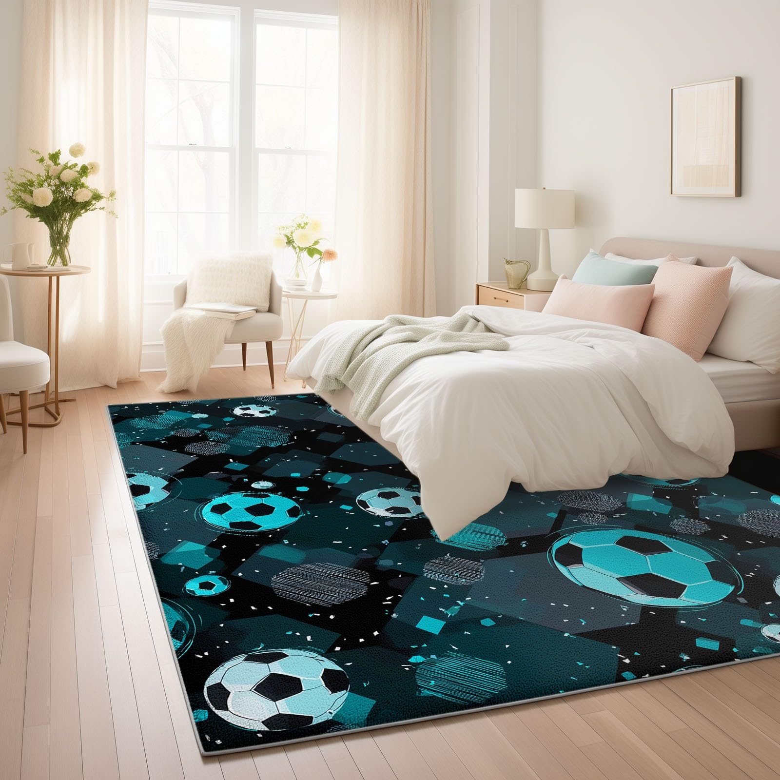 Genérico Alfombra Infantil para Dormitorio, Poliéster XXL Lavable Antideslizante, Fútbol Americano Teal Estrellas Deporte, 160x230cm
