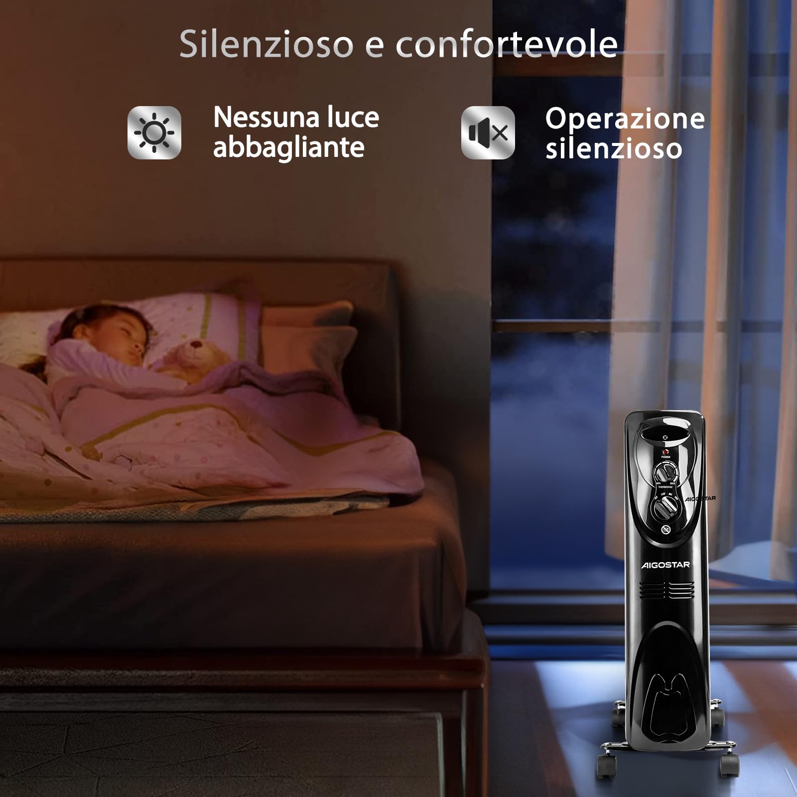 Aigostar Tummie 33JIE - Radiatore ad olio a 11 elementi, 2300W e controllo termostato con 3 regolazione termiche, Basso consumo, Nessun rumore, Design esclusivo