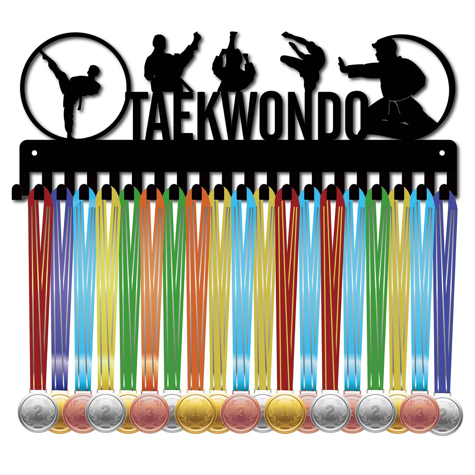 CREATCABIN Taekwondo Medal Hanger Display Medal Holder Rack Sports Hanging Athlete Awards Iron Wall Mount Decor with 20 Hooks for Taekwondo Karate Competition Badge Medalist Black 15.7x5.9Inch