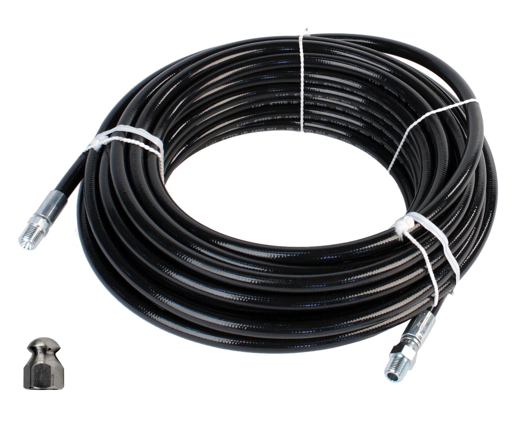 Schieffer 1/4in. x 100ft. 4400 PSI Thermoplastic Sewer Jetter Hose & 12.0 Orifice Button Nose Nozzle