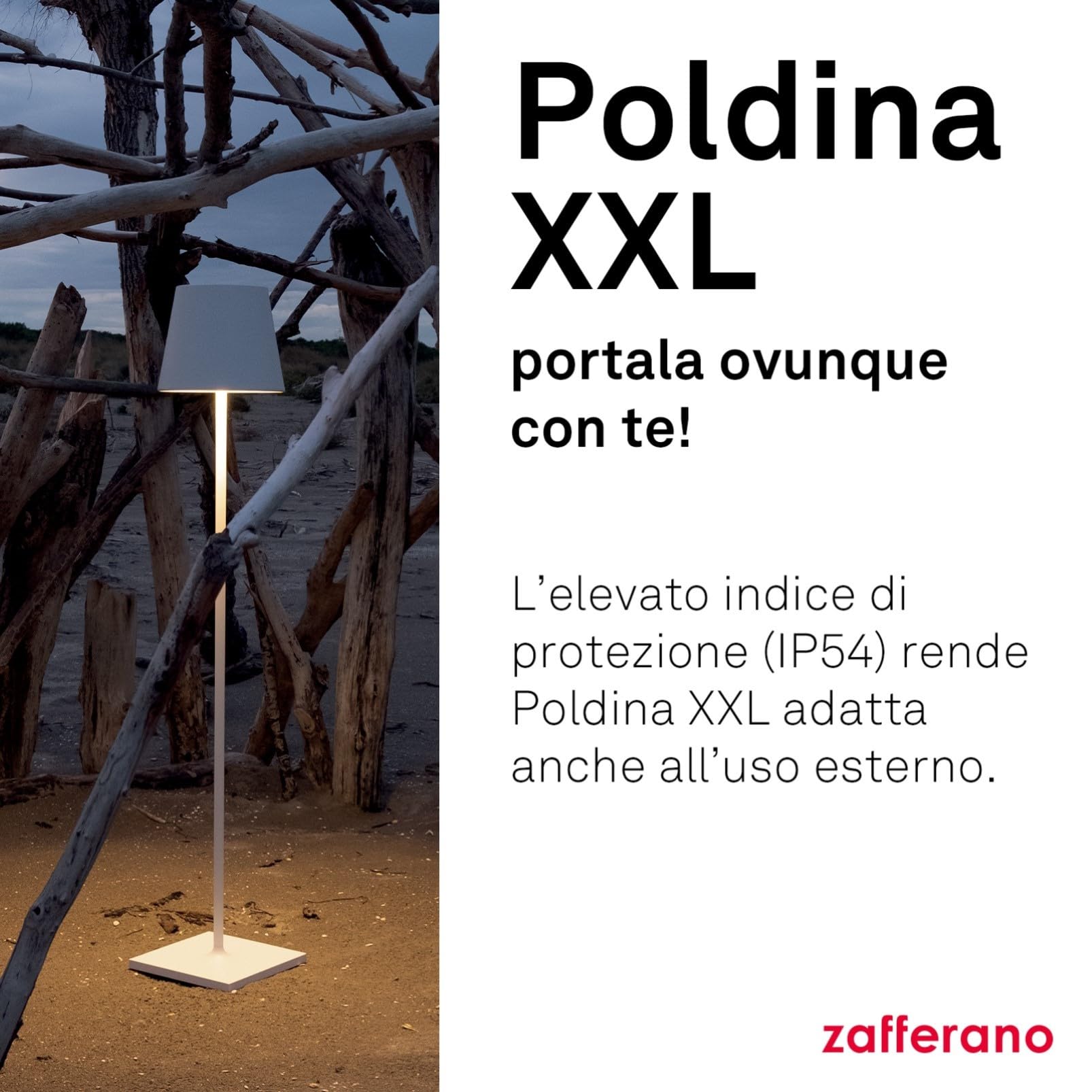 Zafferano, Poldina XXL, Lampada da Terra Ricaricabile e Senza Fili con Controllo Touch, Adatta per Salotto ed Esterni, Dimmer, 2700-3000 K, Altezza Regolabile 69-150 cm, Colore Bianco