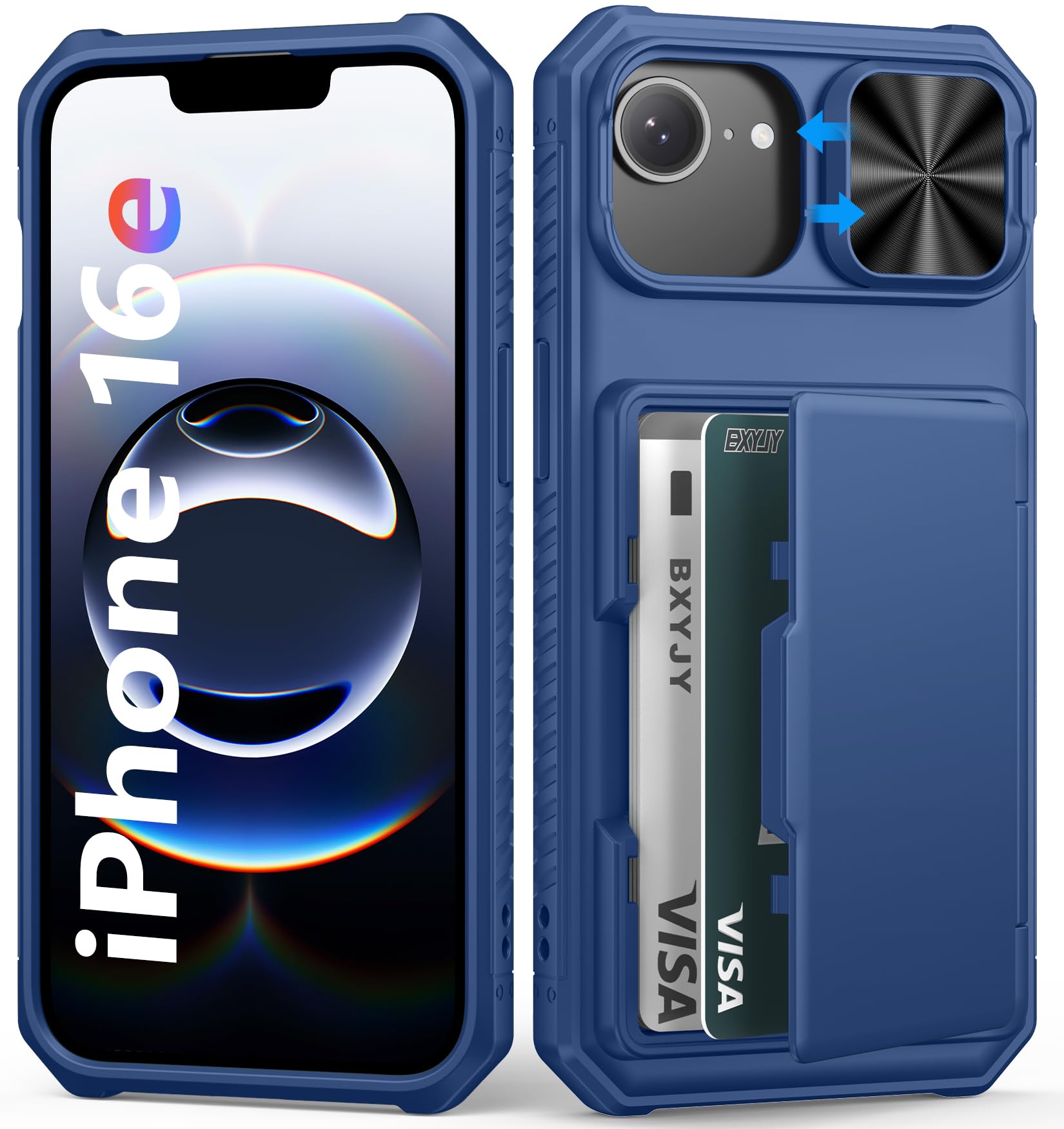 BXYJY for iPhone 16e Case with Card Holder (4-5 Cards), RFID Block, Slide Camera Cover, Military Grade Protection, Durable Shockproof Heavy Duty