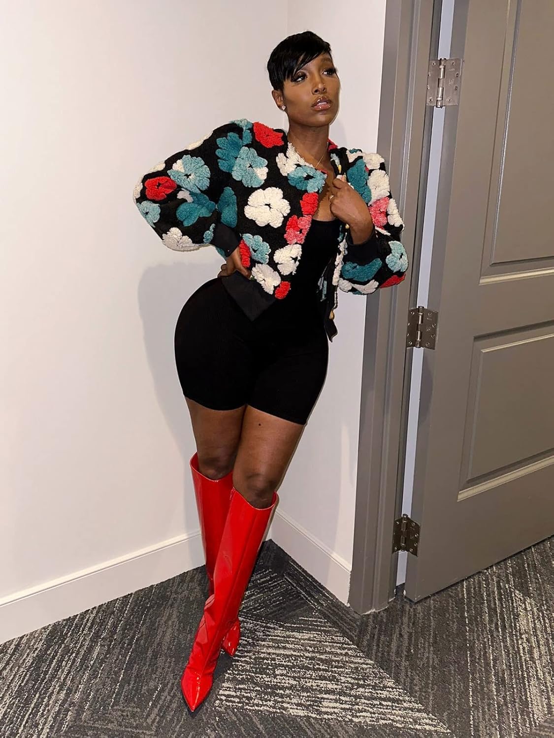 KANSOON Bomber Jacket Women Cropped Floral Button Down Varsity Jacket Long Sleeve Casual Streetwear Fall Winter Warm Coat - Image 3