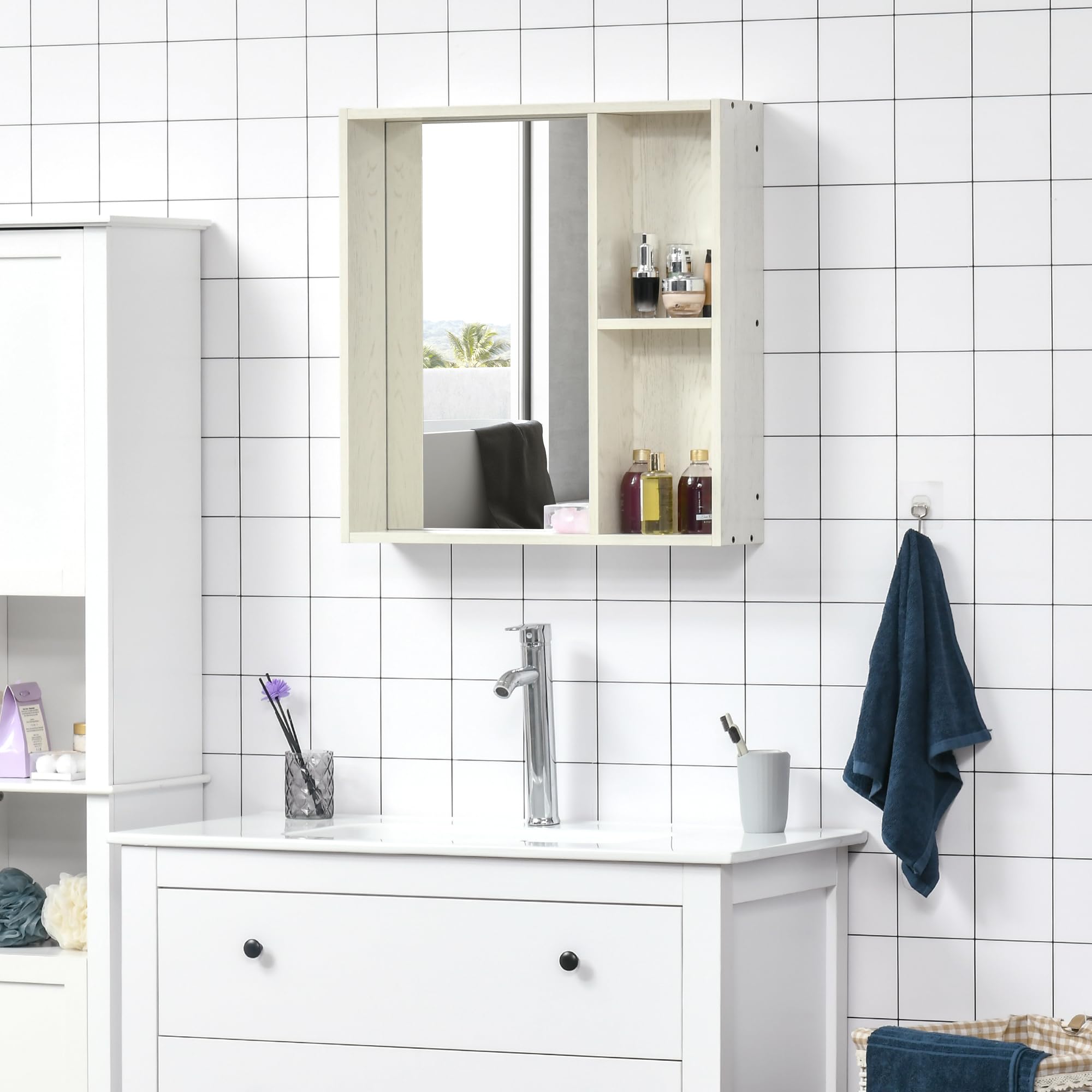 HOMCOM Armario de Baño con Espejo Armario con Espejo para Baño con Estantes Mueble para Baño Estilo Moderno 63x15x65 cm Blanco