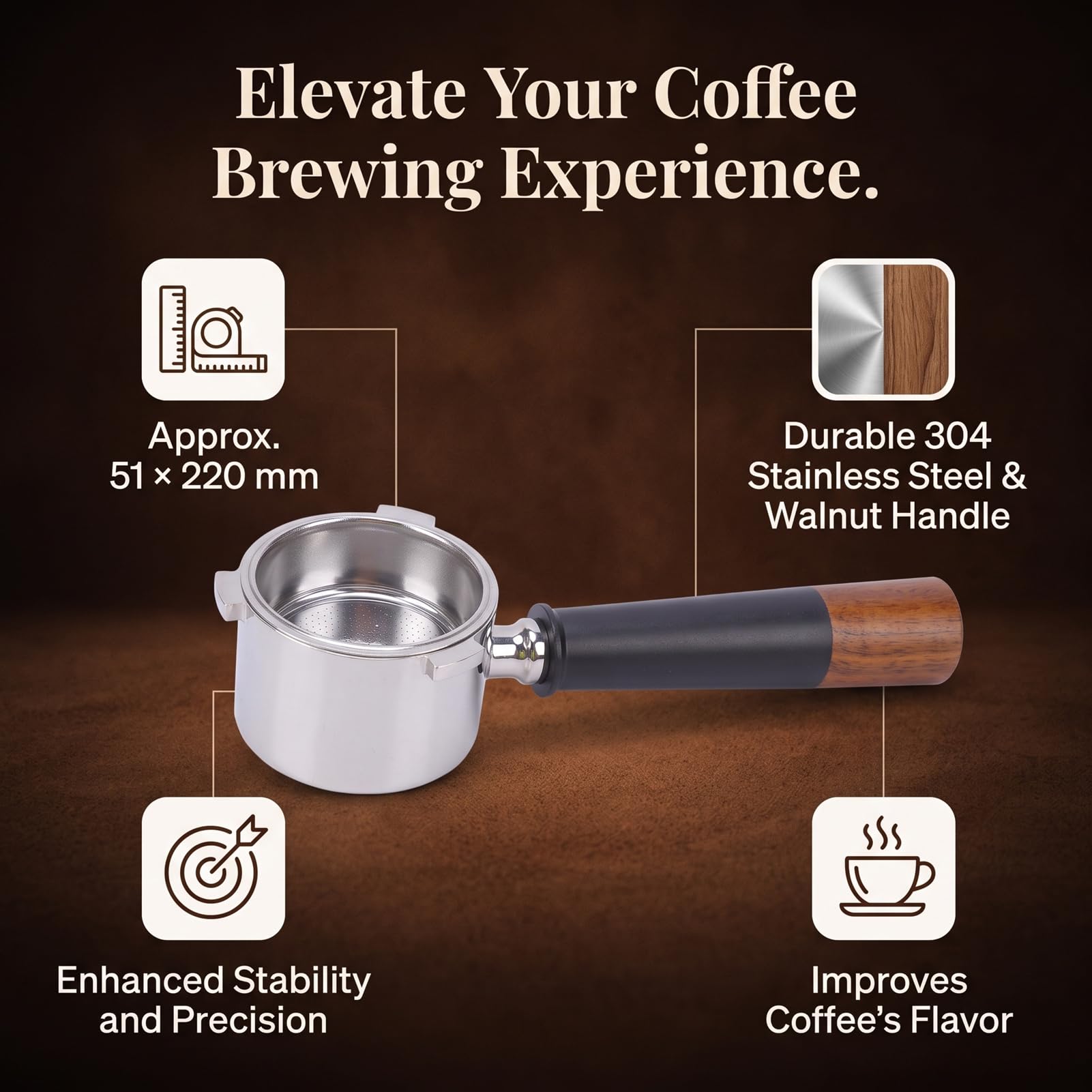 XUMIUZIY 51mm Coffee Portafilter with Walnut Handle | Acero inoxidable, Apto para máquinas Uso en casa o cafetería