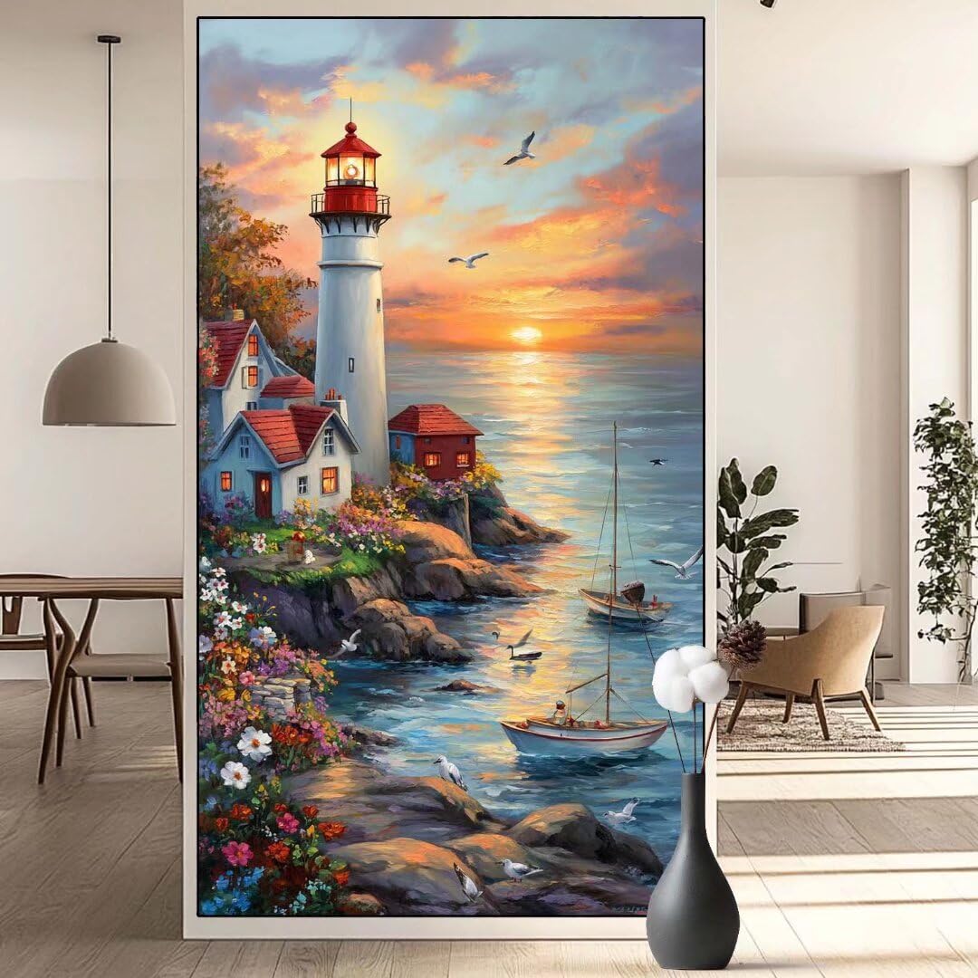 Diamond Painting Leuchtturm Diamond Painting Erwachsene Meer, 5D Diamant Painting Bilder Full Drill Diamond Painting Kinder, DIY Malen Nach Zahlen Malerei Stickerei Set für Wand Dekor 60 x 120 cm q641