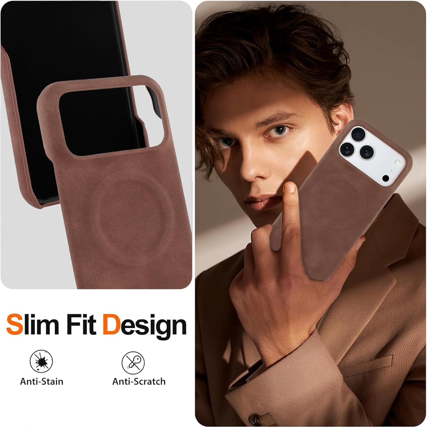 SOKAD Leather Case for iPhone 17 Pro Max Compatible with Magsafe, Vintage Elegant Design for Men Women, Thin Slim Half-Wrap Anti-Slip Protective Phone Case for iPhone 17 Pro Max 6.9", Brown