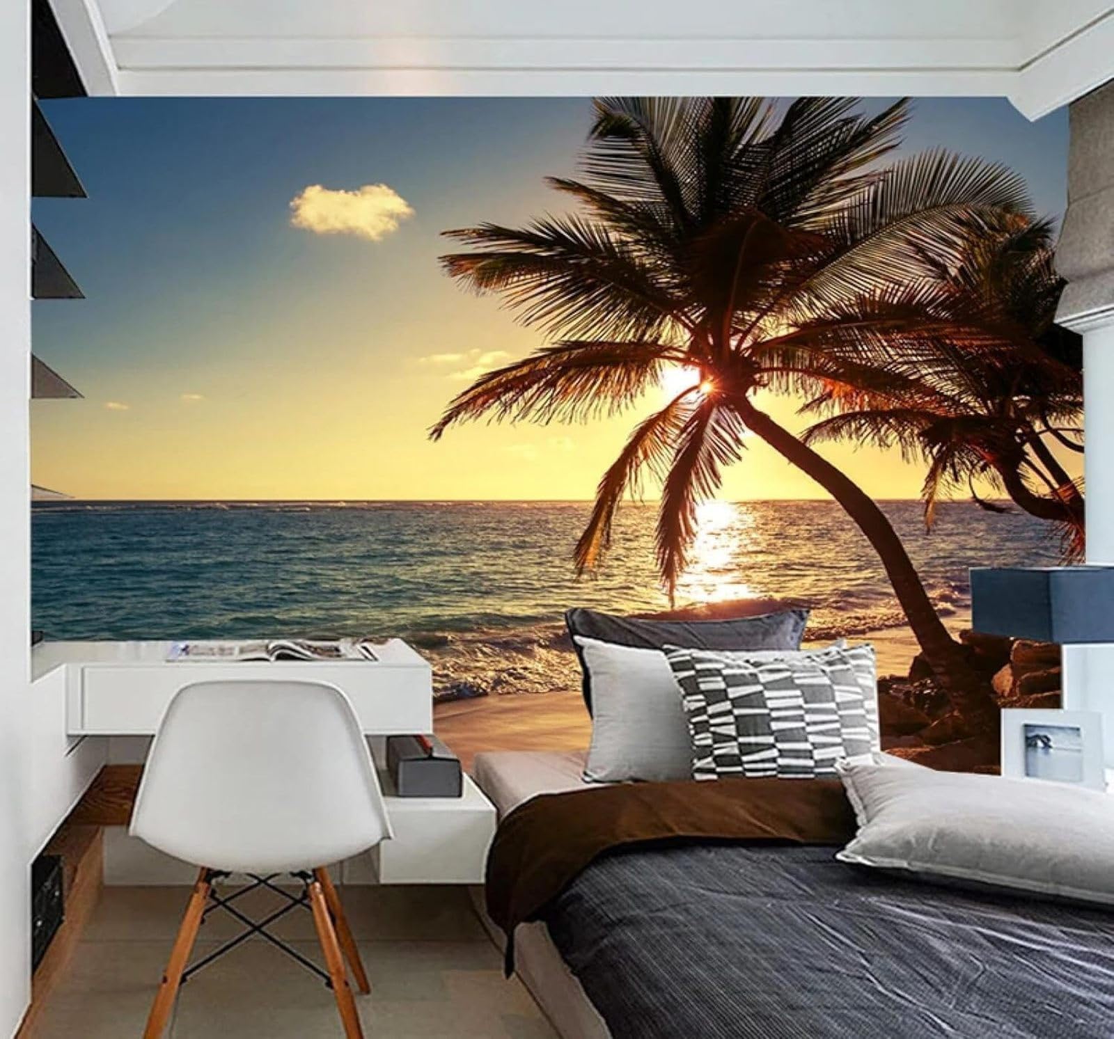 XLMING Picturesque Sunset Beach Coconut Trees Natural Scenery 3D Wallpaper Premium Textured Silk Study Dining Living Room Bedroom Sofa TV Wall Easy Install-350cm×256cm