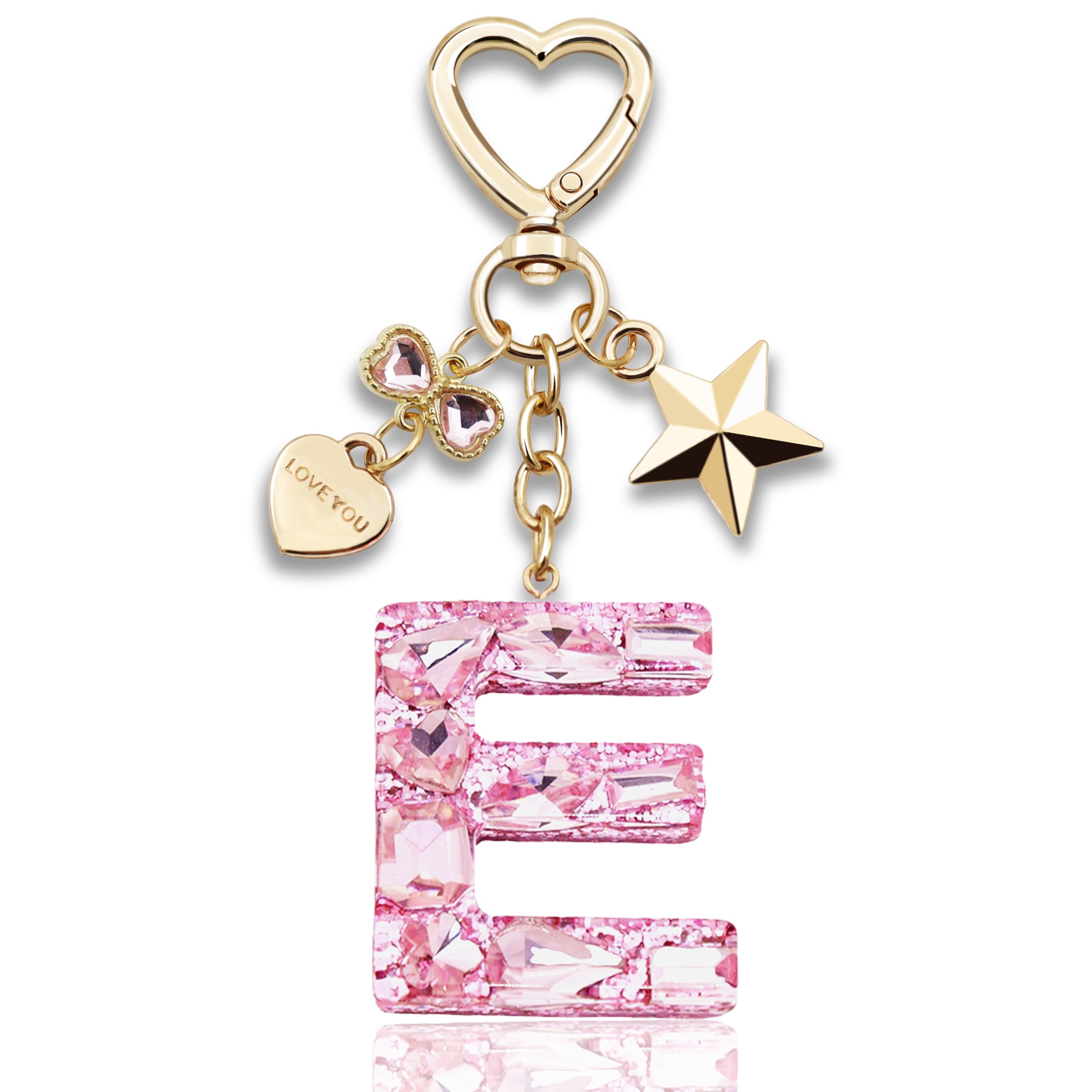 Glitter Initial Letter Keychain Gift for Women Cute Pink Resin Keychains for Bag