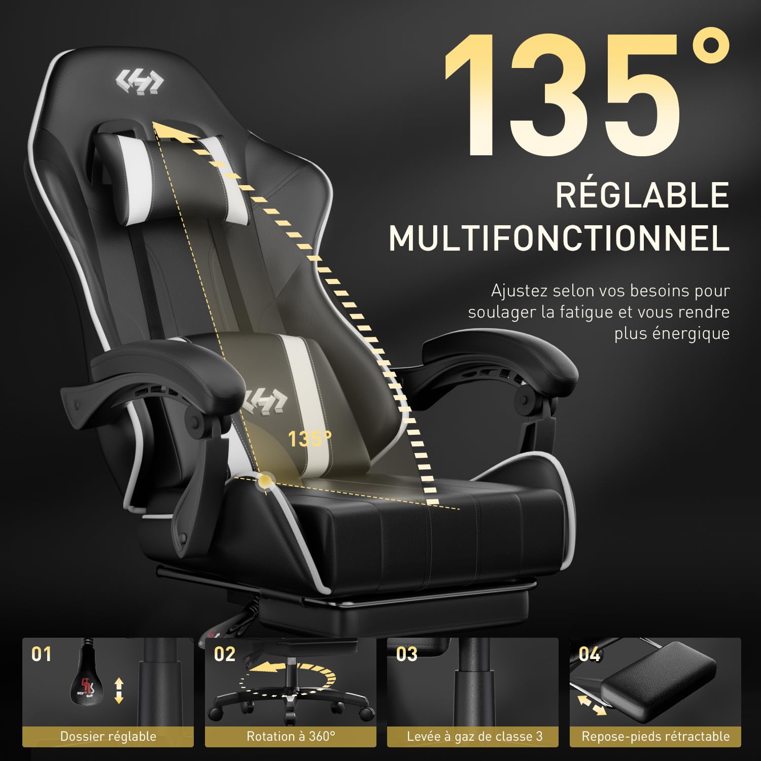 HLFURNIEU Silla Gaming Ergonómica, Silla Gamer con Reposacabezas y Reposapiés Retráctil, Cadeira Gaming con Soporte Lumbar, Sillon Gamer Altura Ajustable, Negro y Blanco