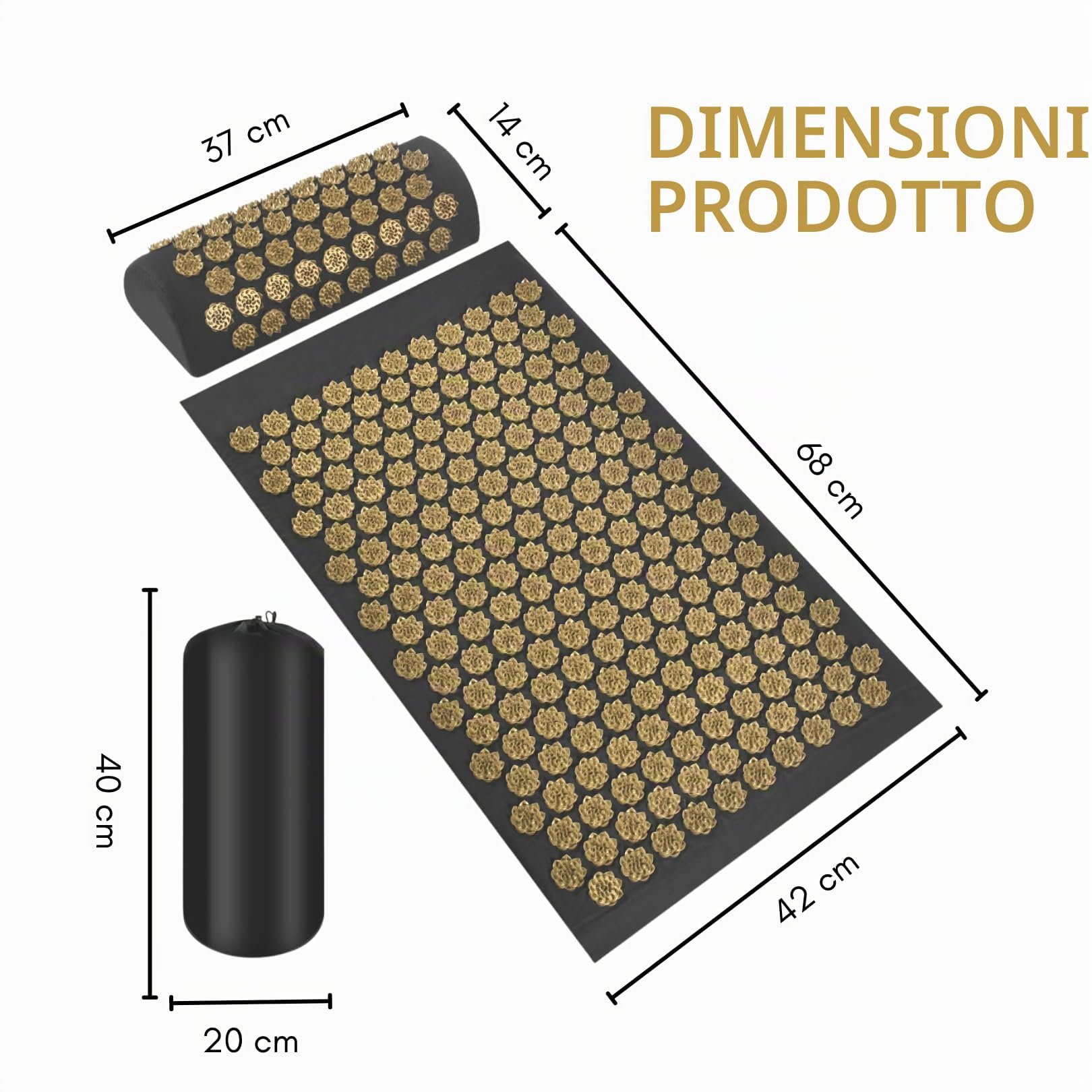 Set di tappetini e cuscini per agopressione nero e oro, per agopressione di alta qualità, per rilassamento naturale e sollievo dal dolore