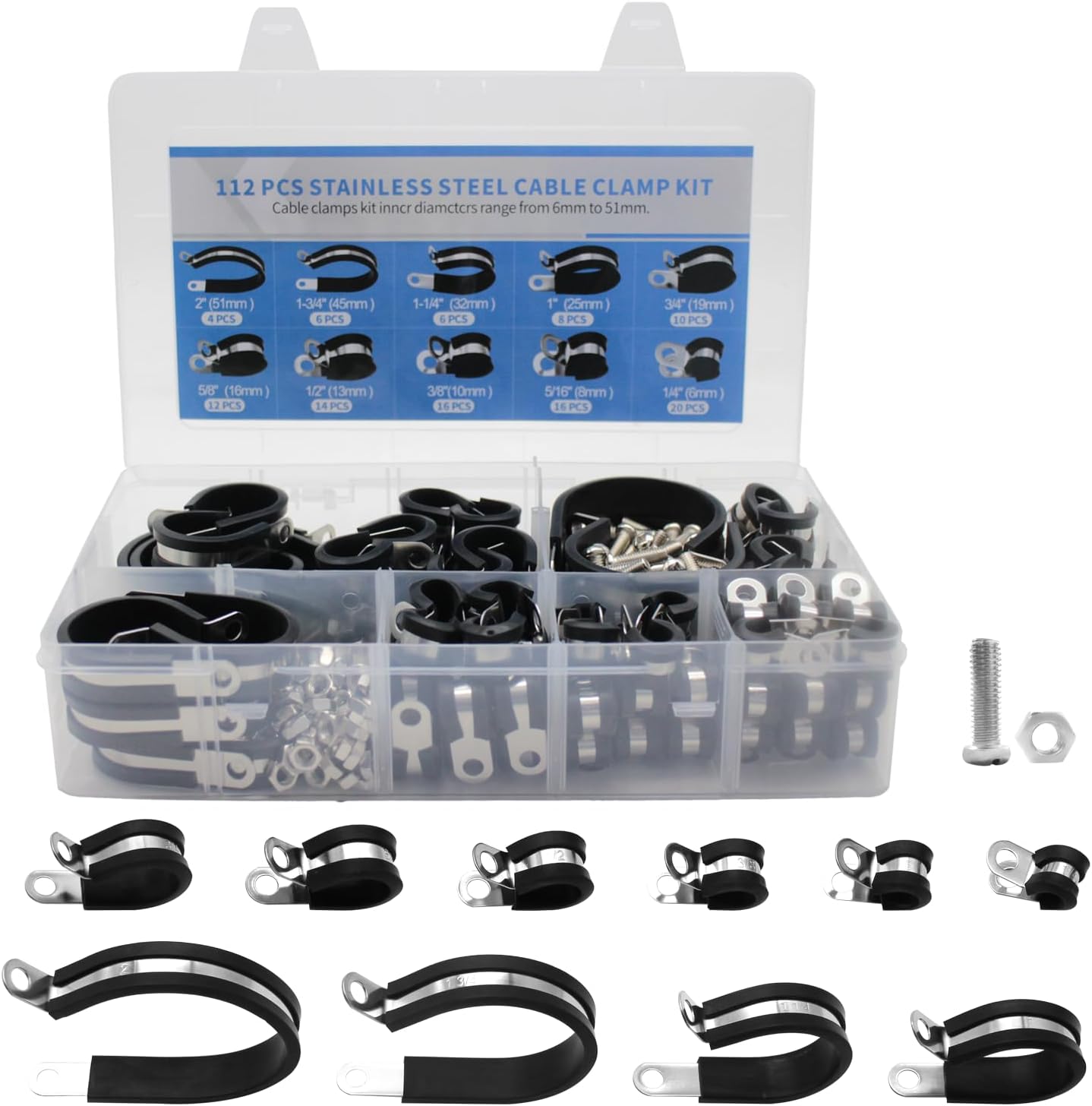 224 PCS Cable Clamps Assortment Kit, 10 Sizes-1/4", 5/16", 3/8", 1/2", 5/8", 3/4", 1", 1-1/4", 1-3/4", 2", Rubber Cushioned Insulated Clamps (with Bolts)
