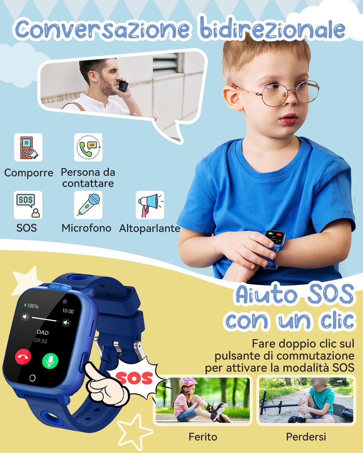 PIULAXIU Smartwatch per Bambini - Orologio Intelligente per Bambini con Telefono, 13 Sveglie per Abitudini, Audiolibri, 30 Giochi, SOS, Modalità Scuola, Fotocamera, Regalo per Ragazzi e Ragazze (Blu)