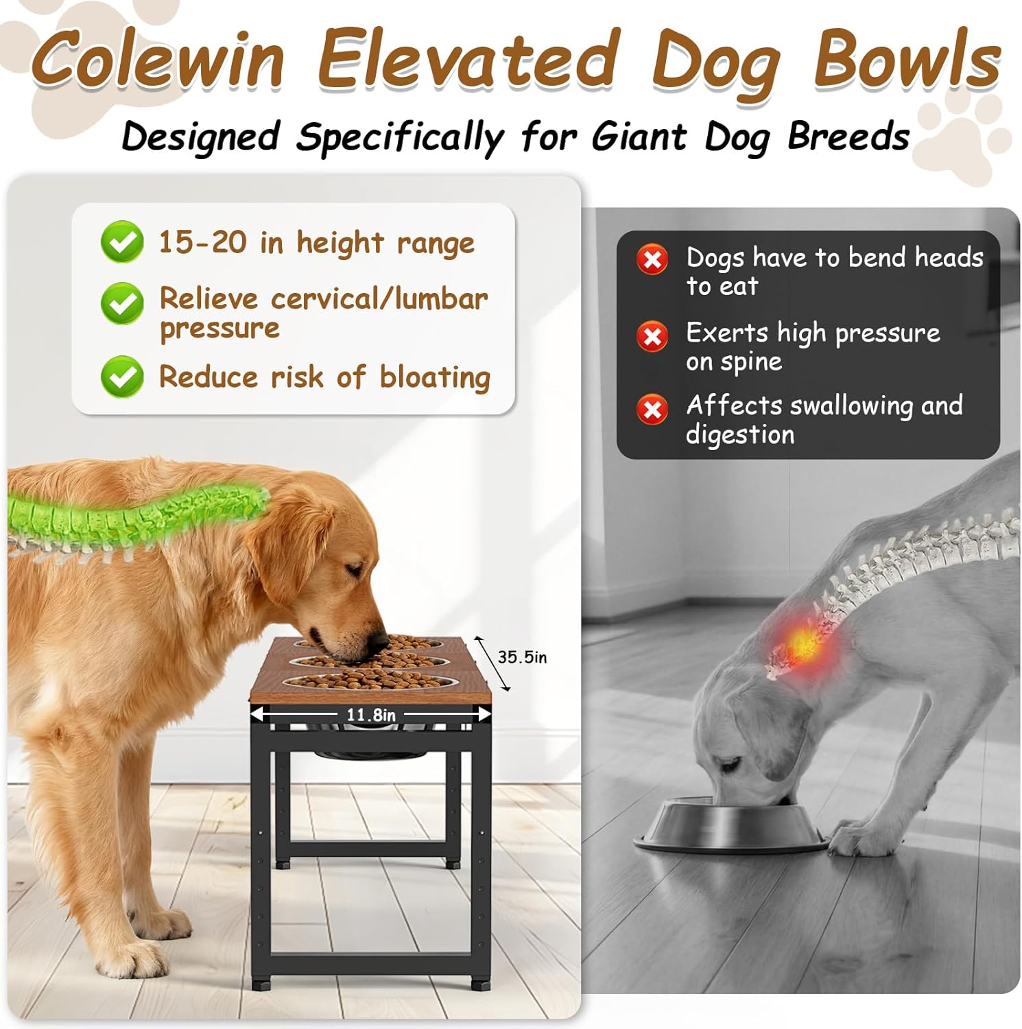 Elevated Dog Bowls Large Breed,Adjustable Raised Dog Bowl Stand,Stainless Steel 3 Bowl Dogs Feeding Station,12.5cup/101oz Each Food Water Bowl(Iron Holder,Wooden Platform,Grained Oak)