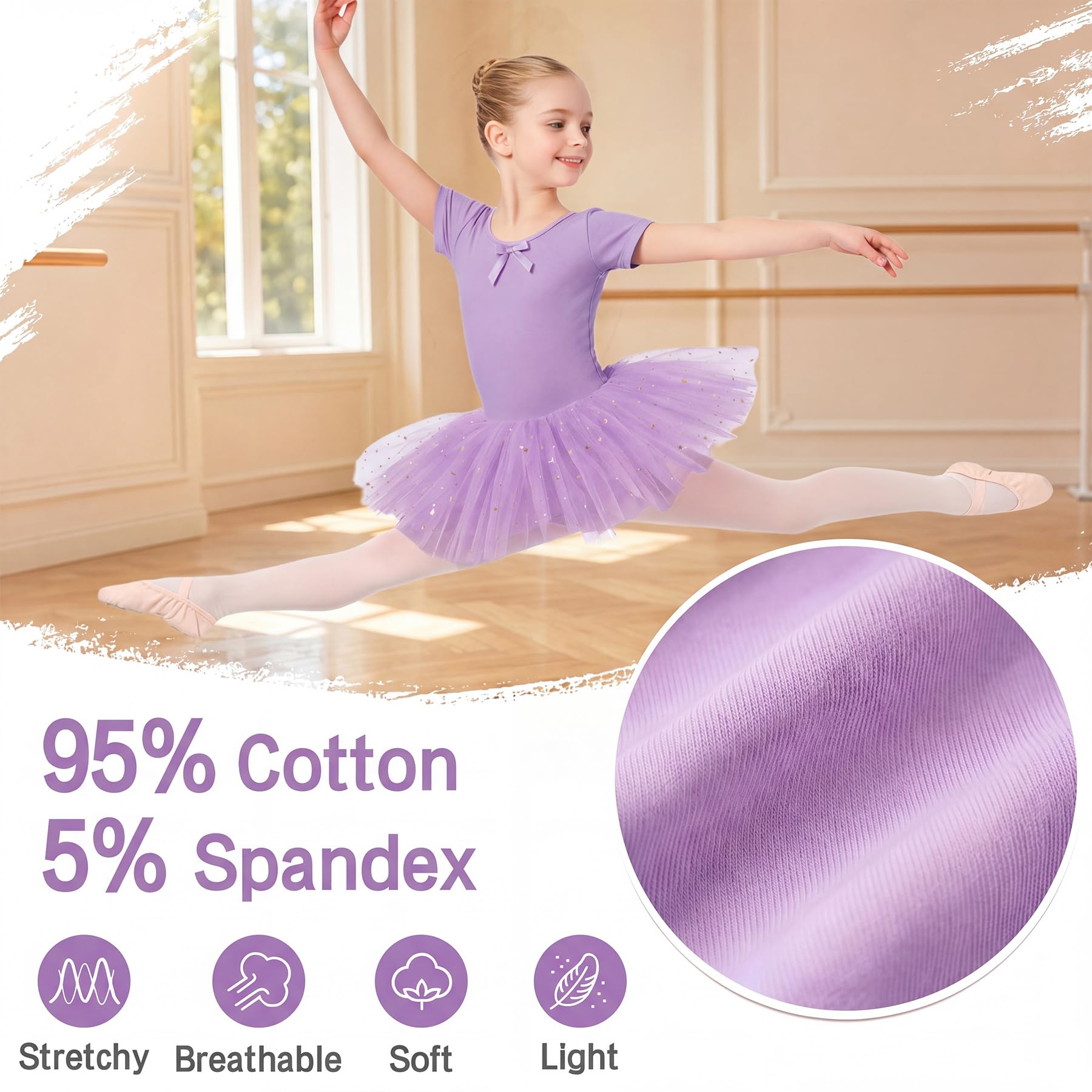 JinBei Robe Ballet Fille Coton Justaucorps avec Jupe Tutu Paillettes Manches Courtes Tutu Danse Classique Filles Confortable Costume Enfant pour Spectacle Compétition Quotidien, 2-9 Ans