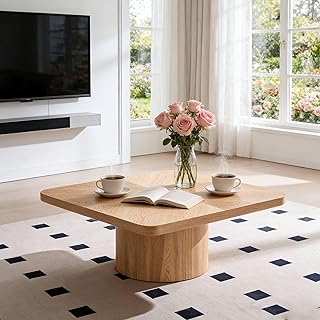 Square Coffee Table 35.4" Natural MDF with Ash Veneer Parquet Top, Modern Living Room Center Table for Small Spaces, Coffee Books and Decor