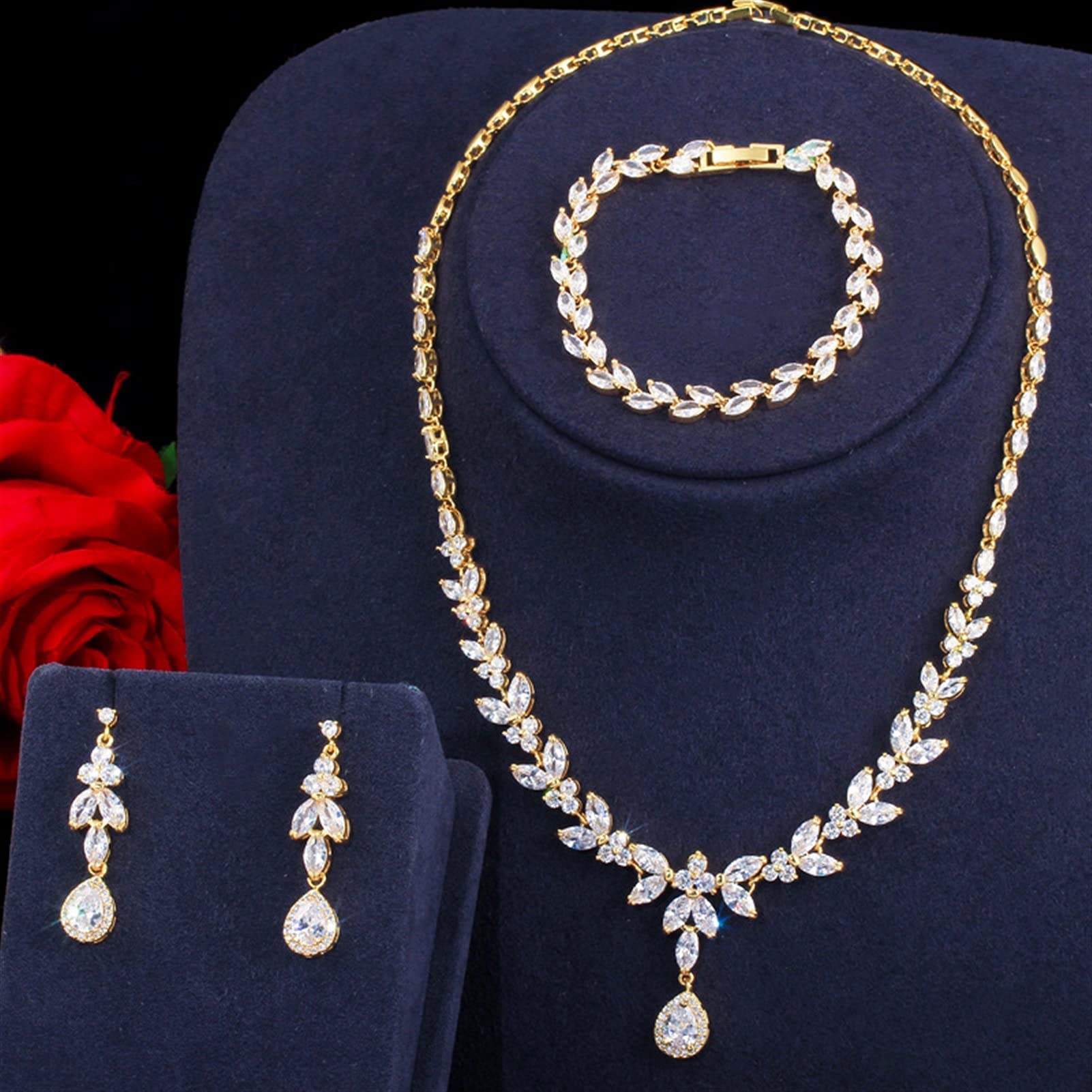 Joyería 3 uds Traje de Mujer Conjunto de Joyas de Oro Grande circonita cúbica Brillante Gota Novias Collar Pendientes y Pulseras
