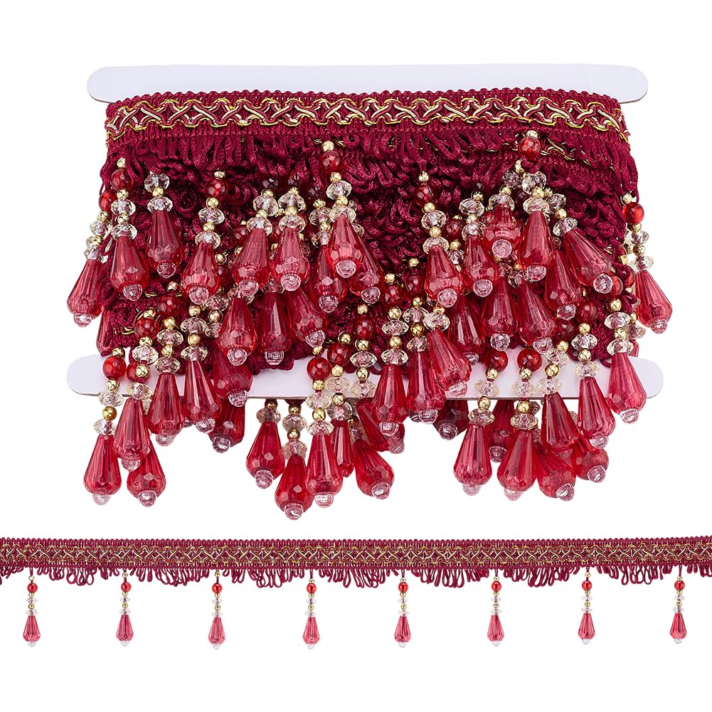 PH PandaHall 5.5m Beaded Fringe Trim Curtain Tassel Embellishments 9.5cm Wide Beaded Edge Trim Polyester Sewing Craft Ribbon for DIY Lampshade Tablecloth Curtain Clothing Home Decoration, Dark Red