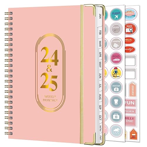 Agenda 2024 2025 Semainier Spirale, A5 Planner Scolaire Juillet 2024 - Juin 2025 (12 mois) Avec Autocollant pour planificateur,Sac de stockage pliable (Rosa24-25)