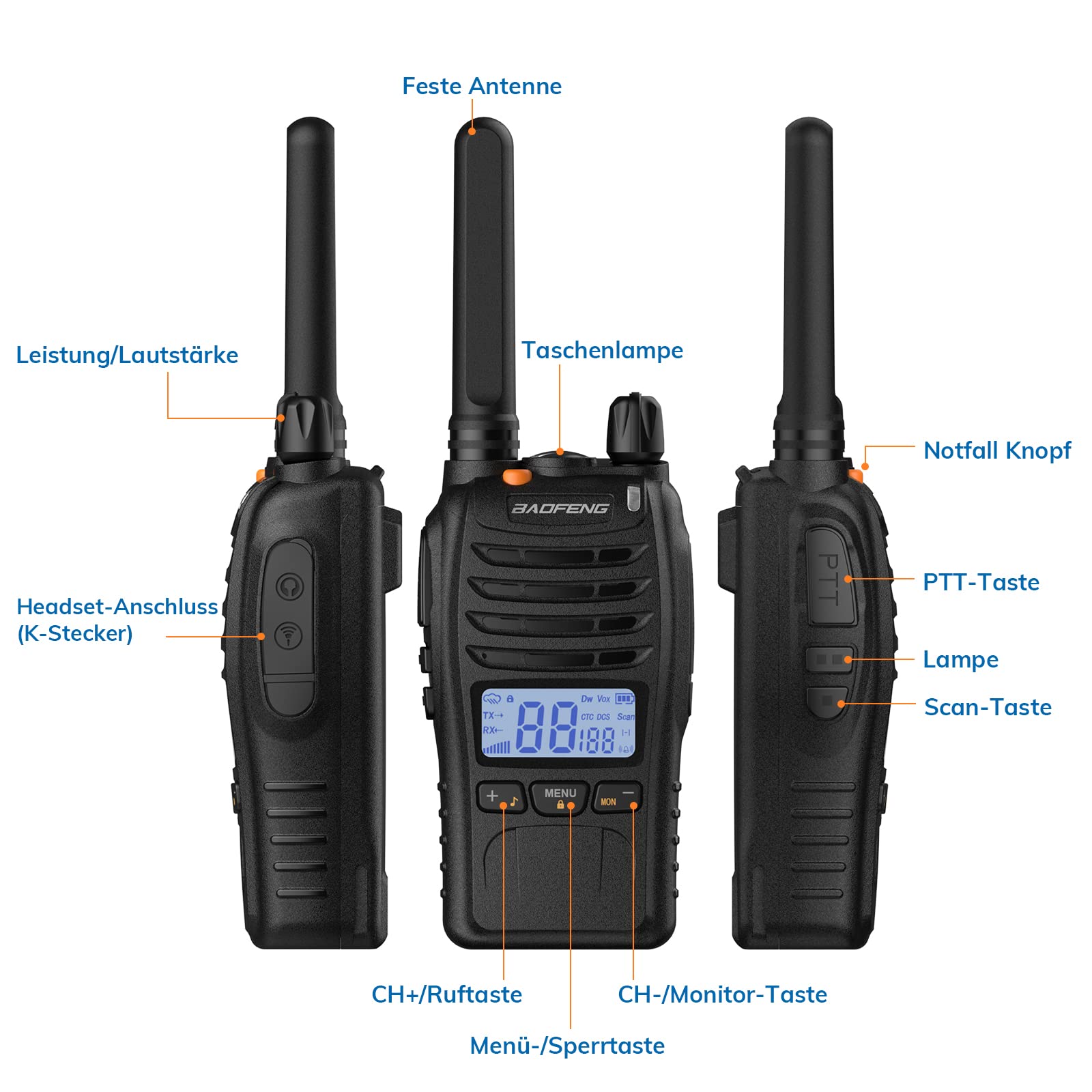 BAOFENG BF-88ST Pro PMR446 Walkie Talkie, Verbesserte Wiederaufladbare Lizenzfreie Funkgeräte mit Großer Reichweite, LCD-Display, VOX-Dual-Watch, Desktop-USB-Ladegerät und Ohrhörern, 4er-Pack