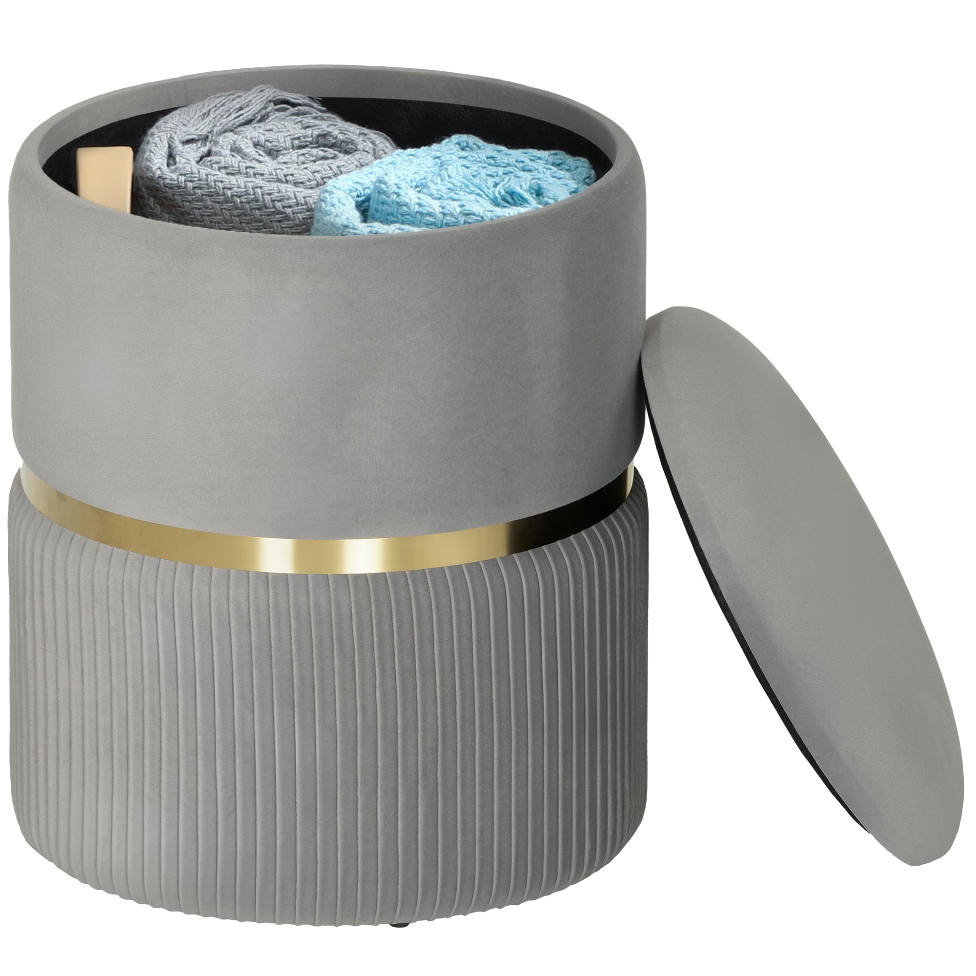 HOMCOM Round Storage Stool, Vanity Ottoman, Padded Seat, Light Grey โ image 1