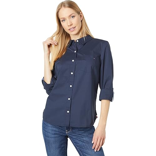 Tommy Hilfiger Women's Solid Button Collared Shirt With Adjustable Sleeves
