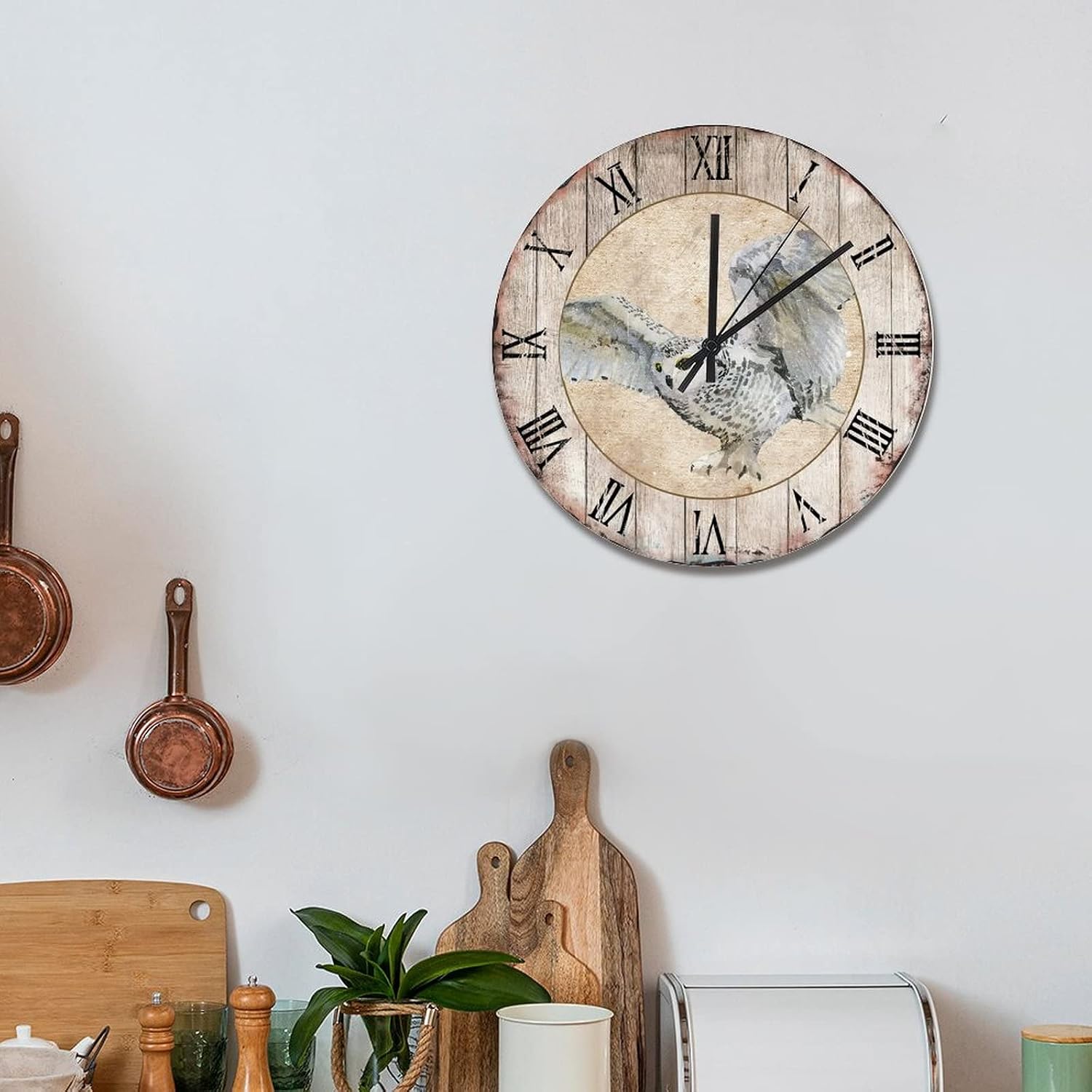 Europe Romantic Clock Owl 15 Inch Wooden Wall Clocks Battery Operated Silent Non-Ticking Easy to Read Rustic Wall Clock for Bedroom Living Room Farmhouse Wall Decor