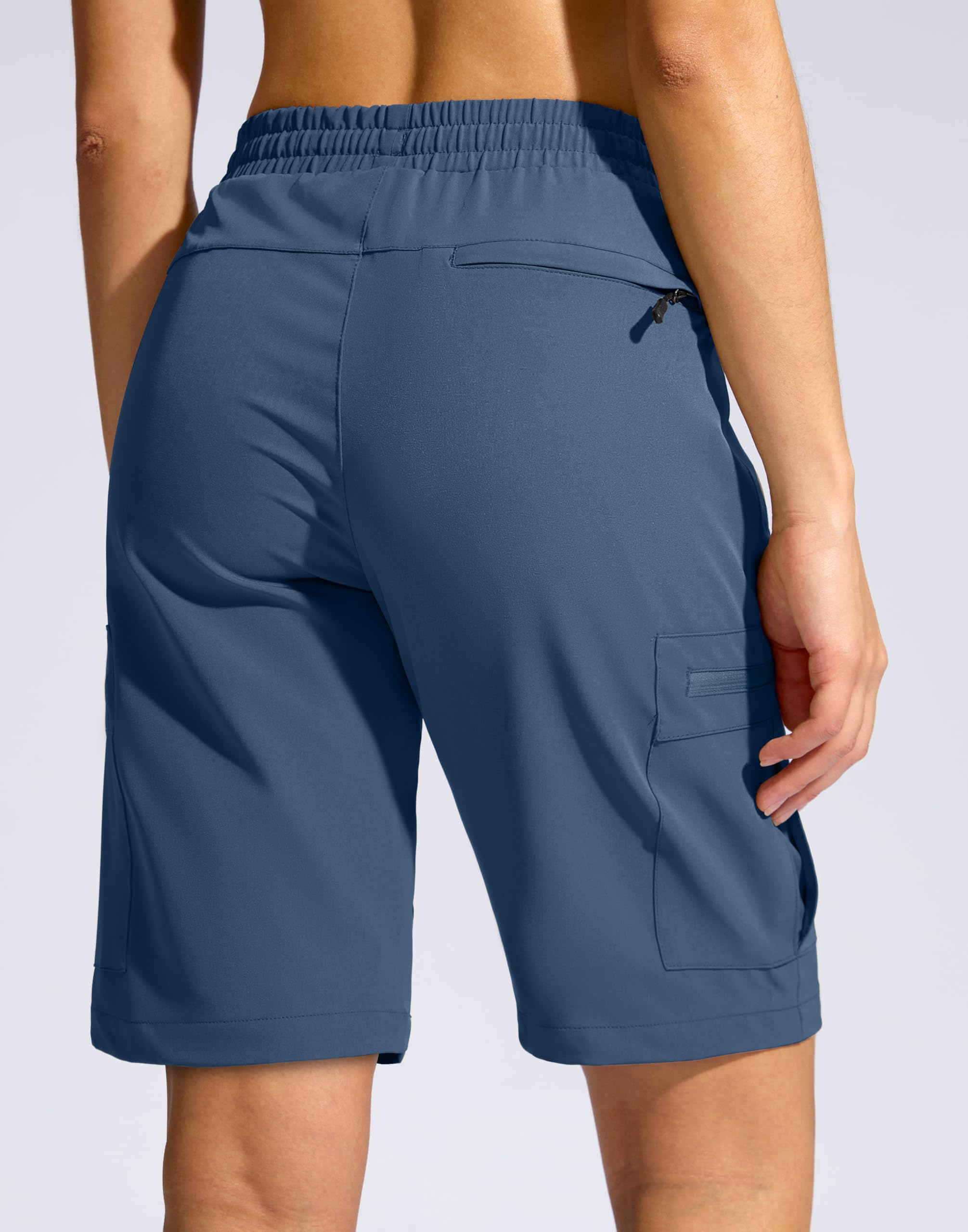 SANTINY Women's 10'' Lightweight Hiking Cargo Shorts with 5 Zipper Pockets Quick Dry Summer Long Travel Golf Shorts for Women (Dusty Blue_L)